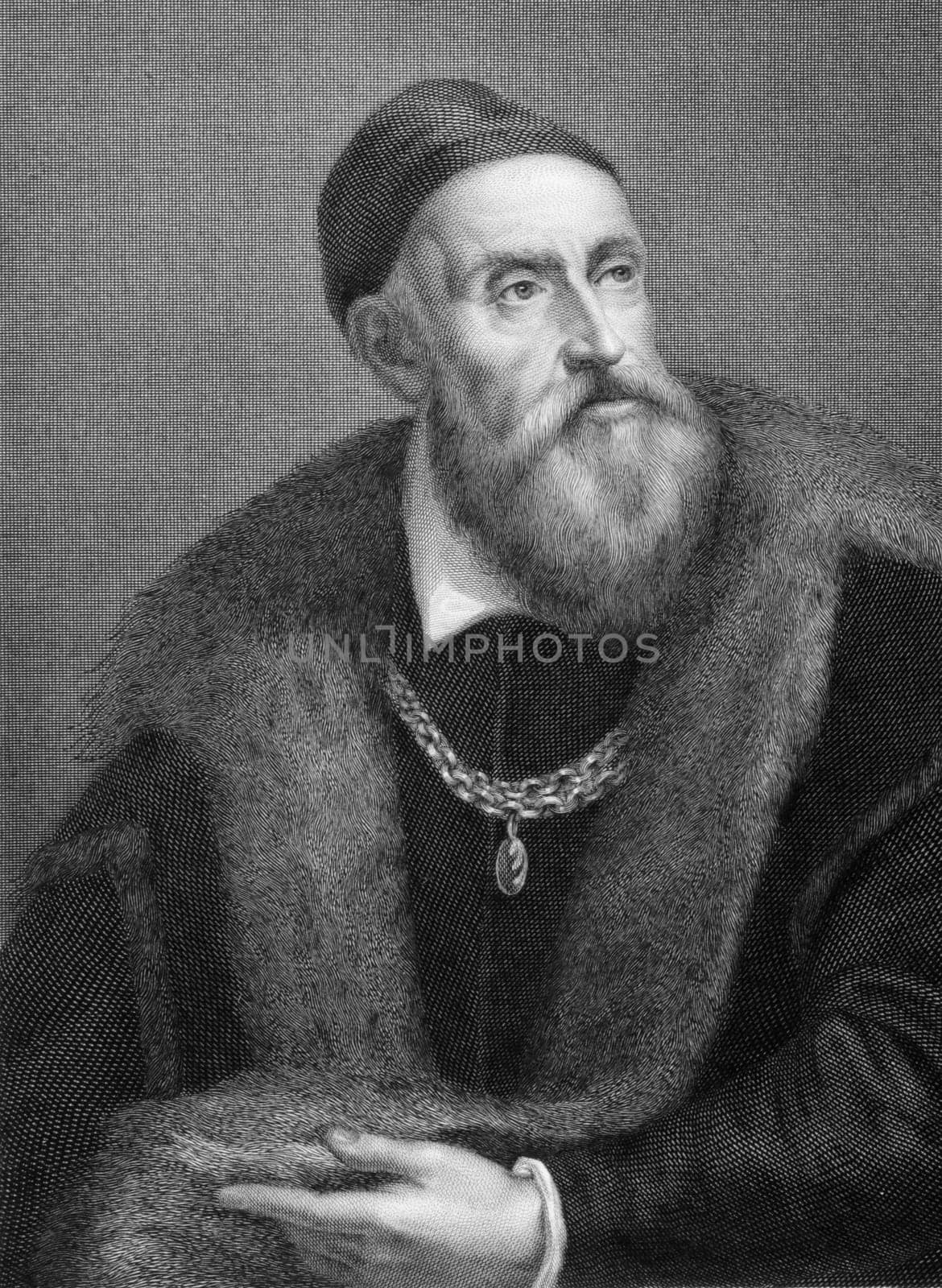 Titian (1473/1490-1576) on copper engraving from 1841. Italian painter, leader of 16th century Venetian school of Italian Renaissance. Engraved by G.Fusinati from a drawing by G.Tubino after a self portait by Titian.
