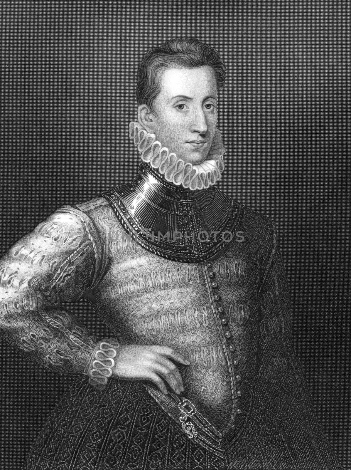 Sir Philip Sidney (1554-1586) on engraving from 1838. English poet, courtier and soldier. One of the most prominent figures of the Elizabethan Age. Engraved by H.Robinson and publised by J.F.Tallis, London &amp  New York.