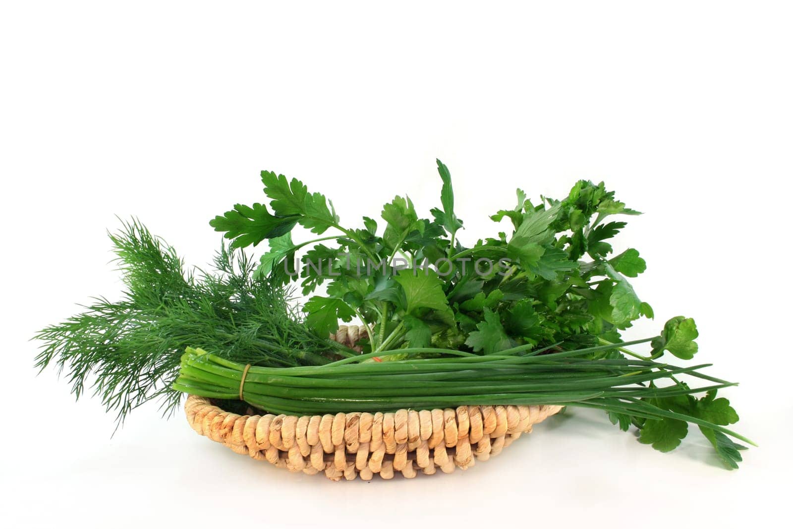 Various kitchen herbs against white background