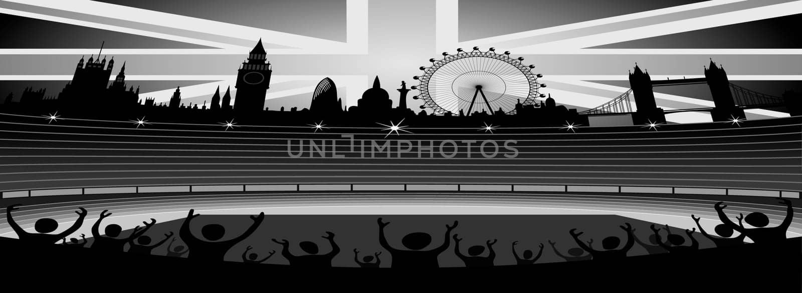Illustration of the stadium with the London skyline on the horizon - London city - organizer of the Olympic Games