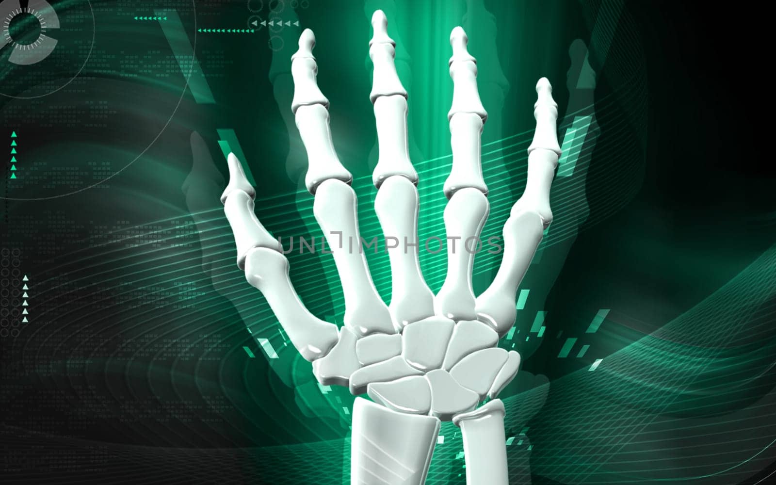 Digital illustration of hand bone in colour background