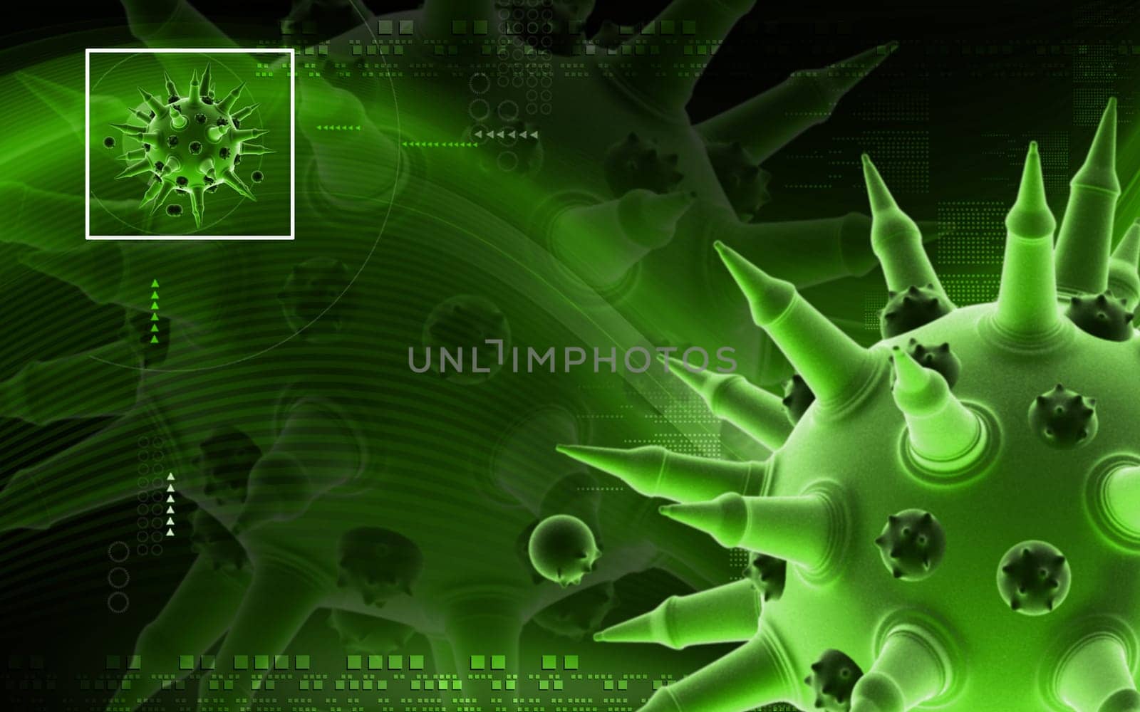 Digital illustration of Flu virus in colour background