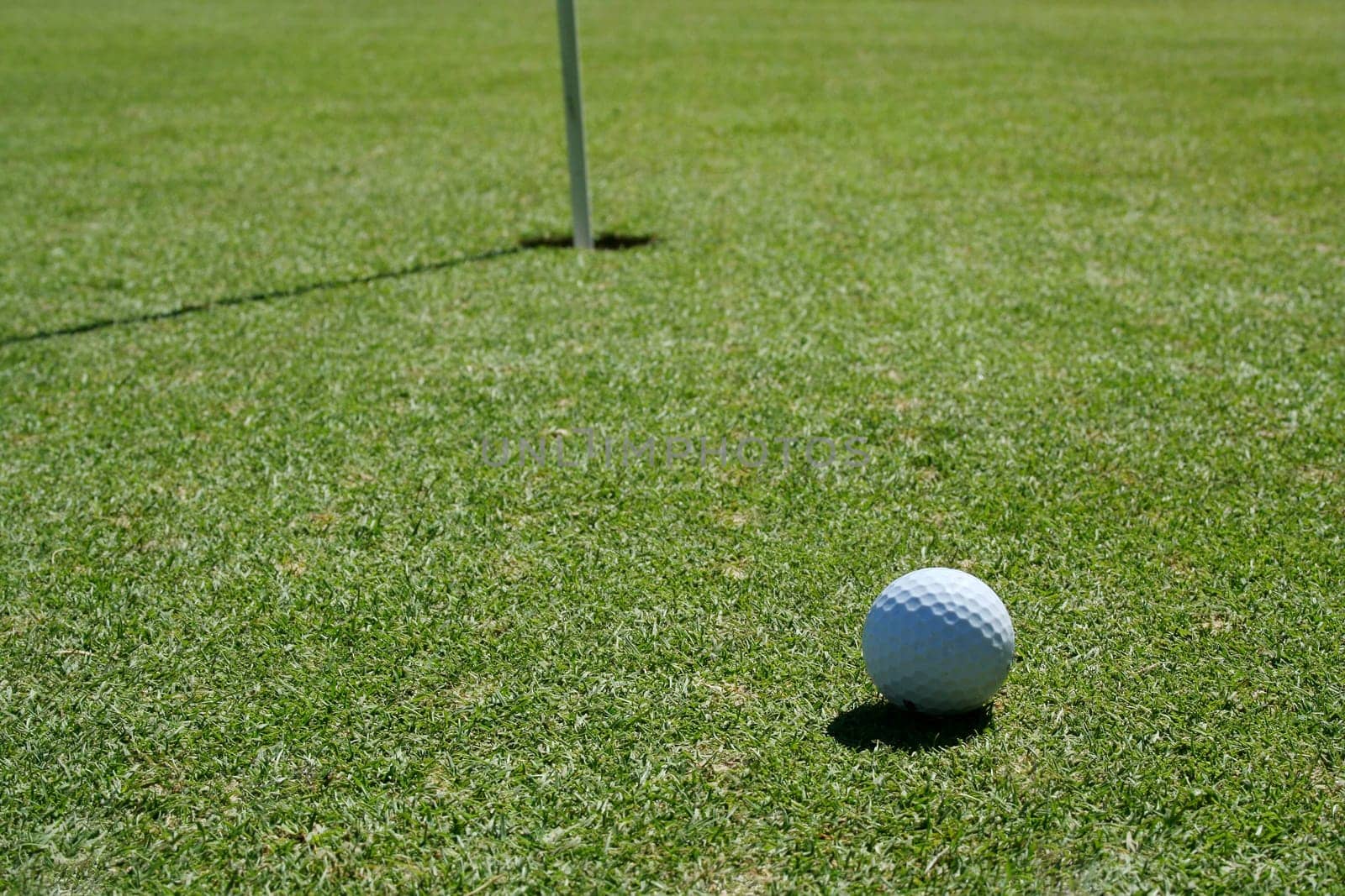 A Golf Ball on green near hole with flag pole