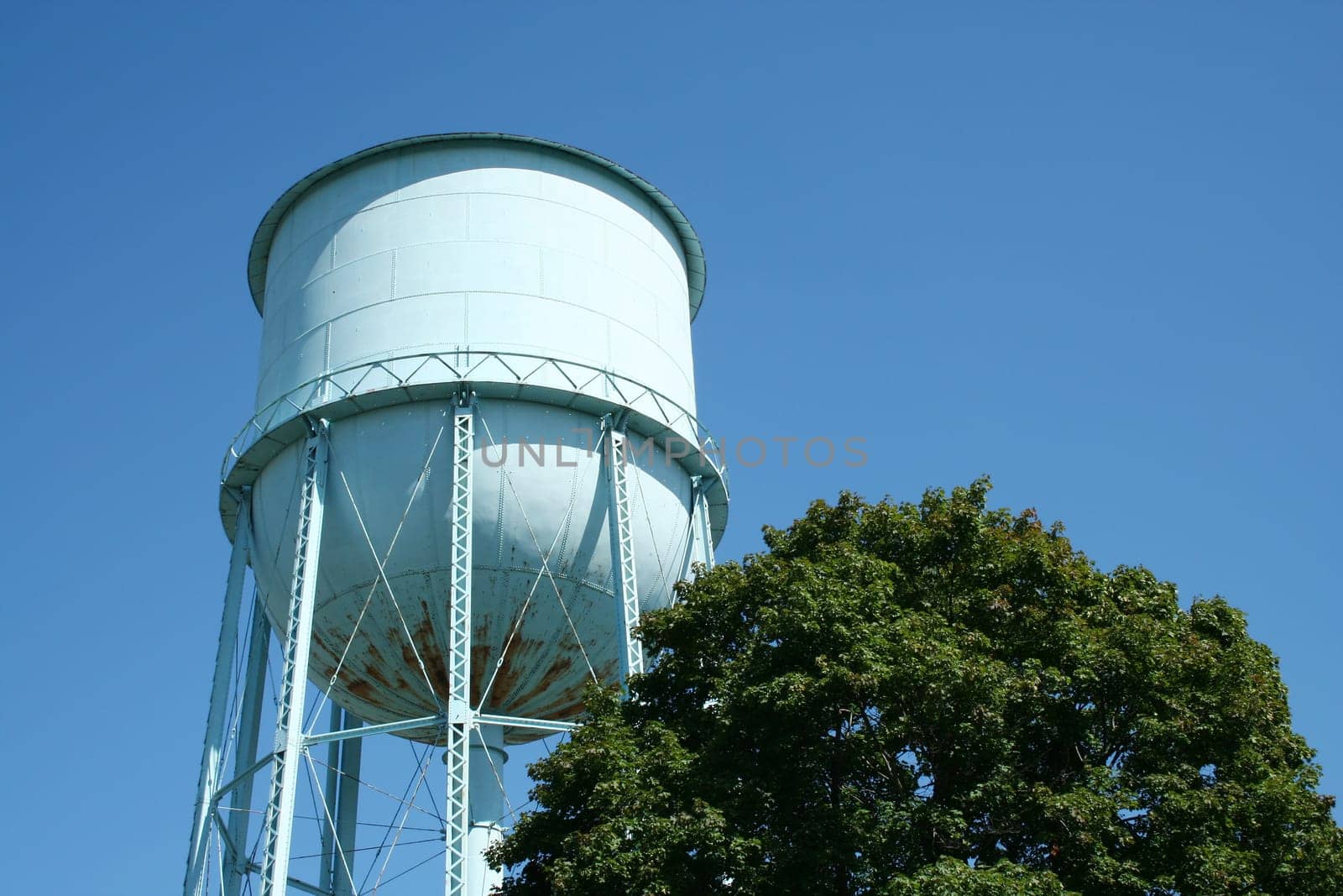 Blue Water Tower against a blue sky and tree