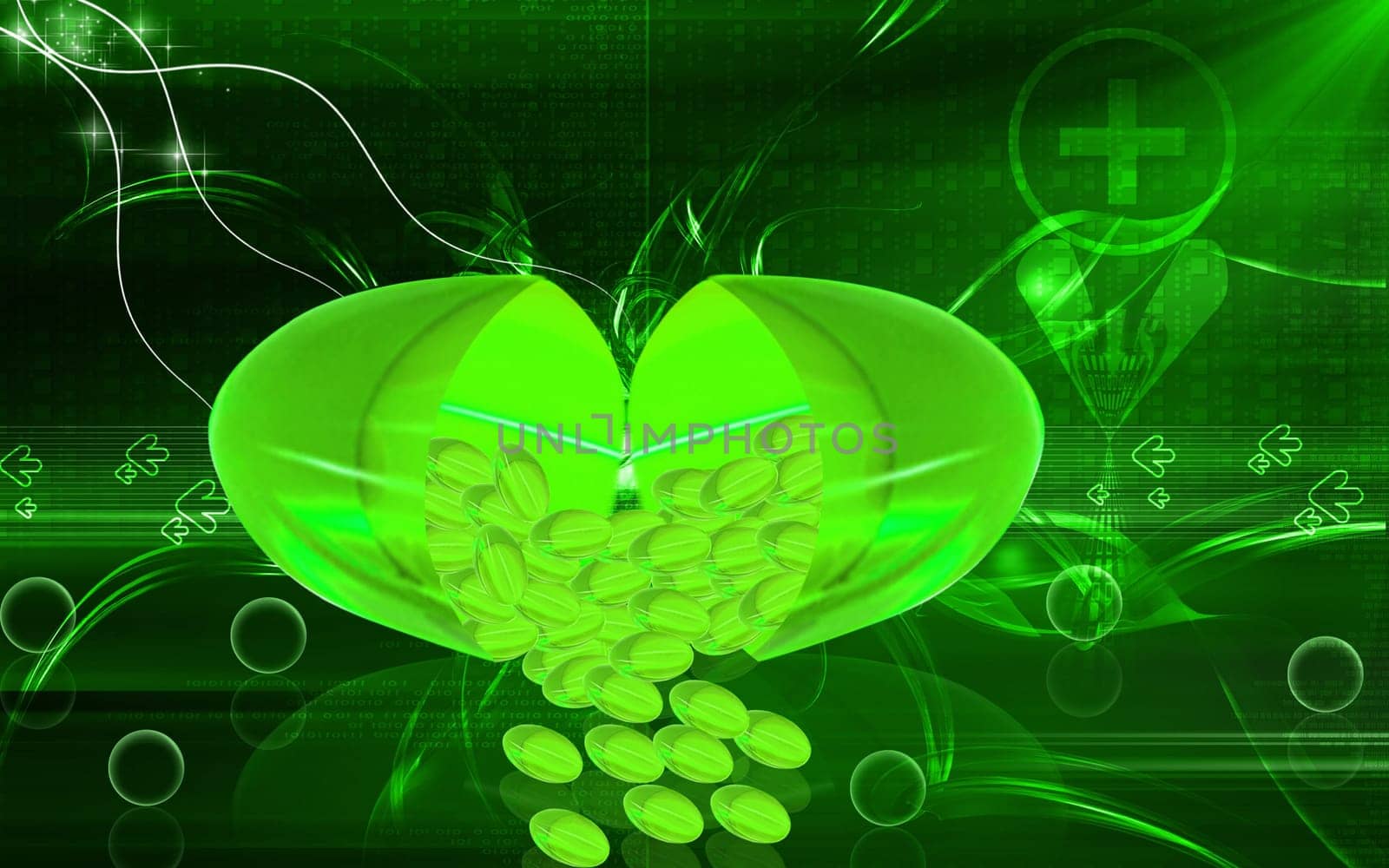 Digital illustration of liver code capsule in colour background