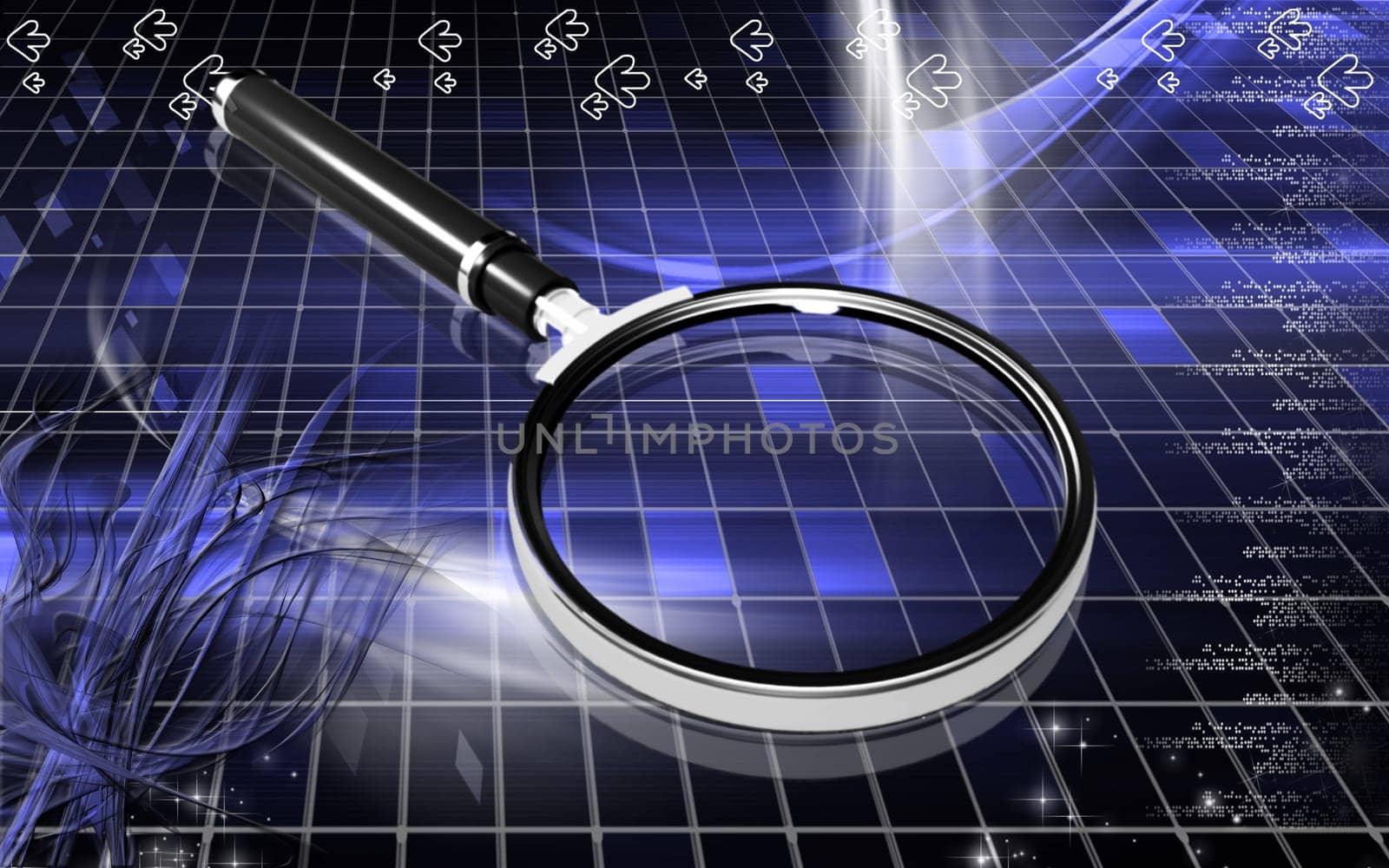 Digital illustration of a magnifying glass in colour background