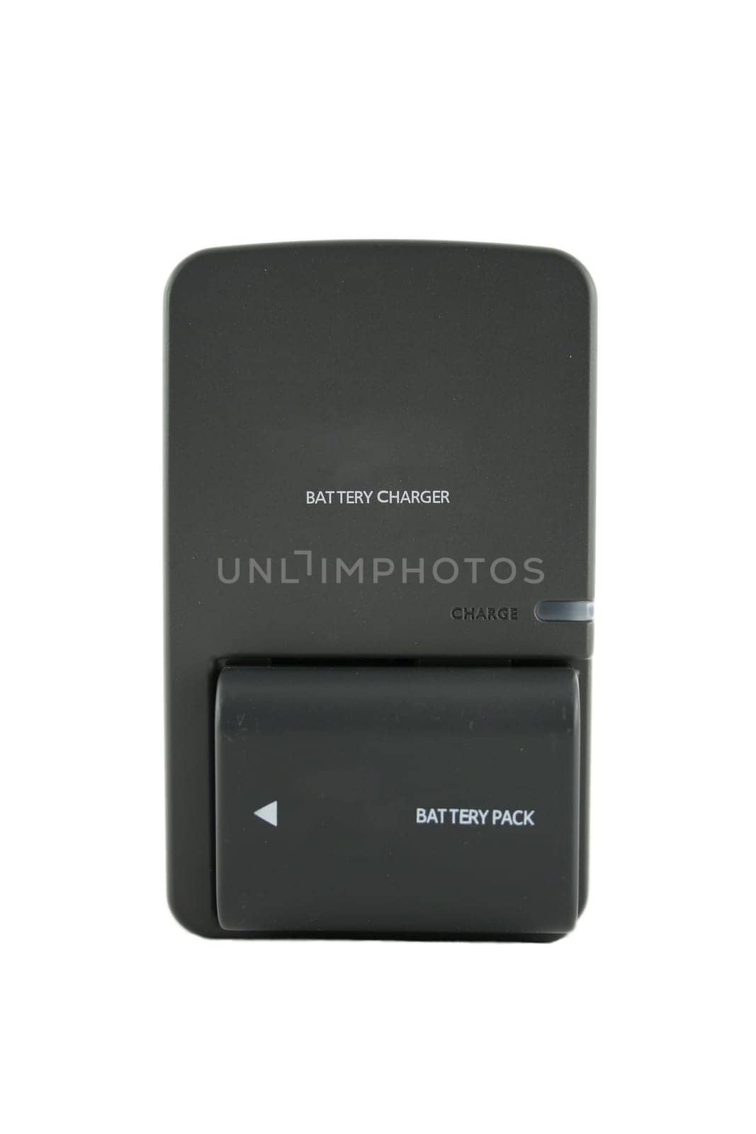 Camera battery and charger isolated on white