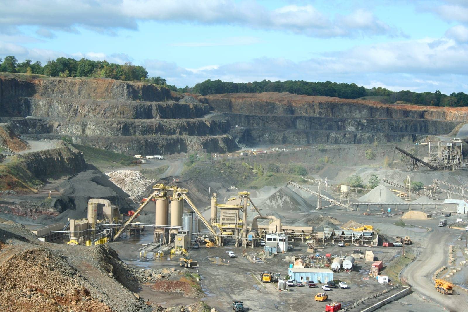 A Rock Quarry with equipment and trucks