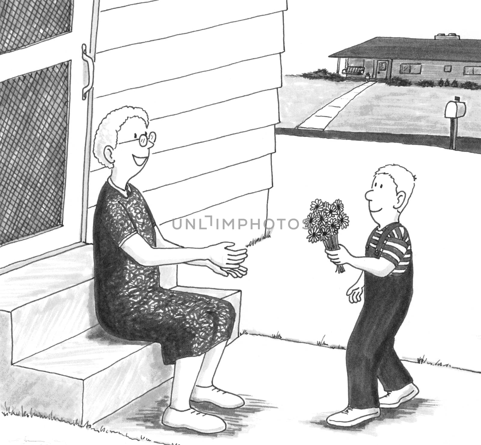 Young boy giving senior woman flowers in front of her home.