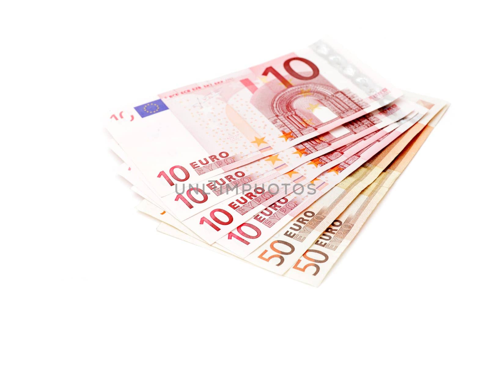 fan of the 10 and 50 euros banknotes isolated on white