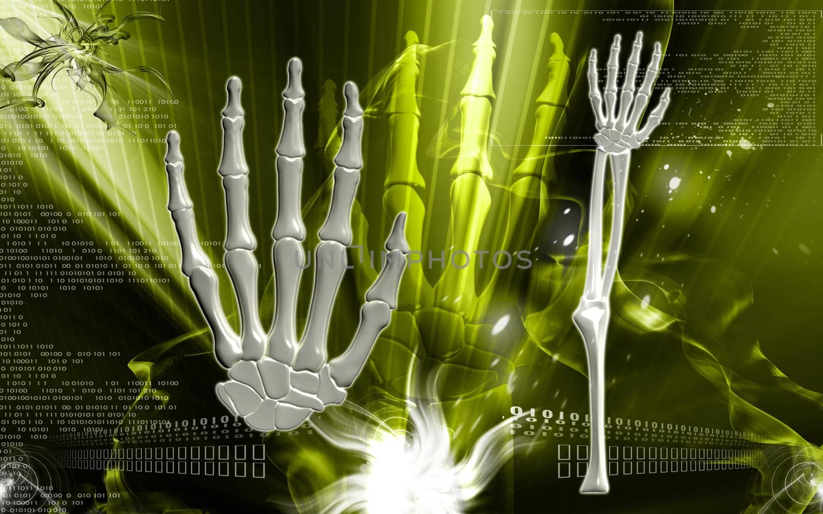 Digital illustration of hand bone in colour background