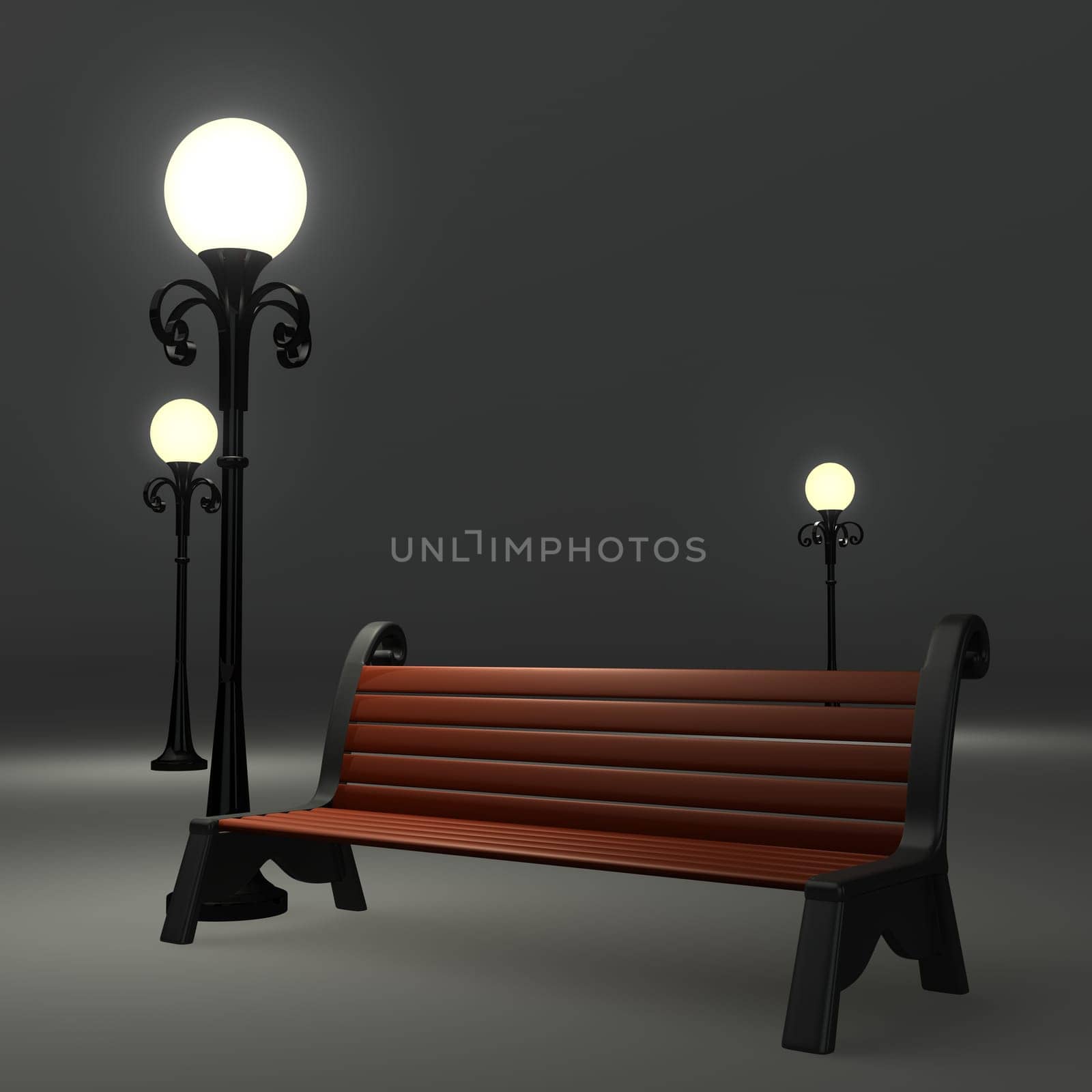 3d bench near the street lamppost on grey