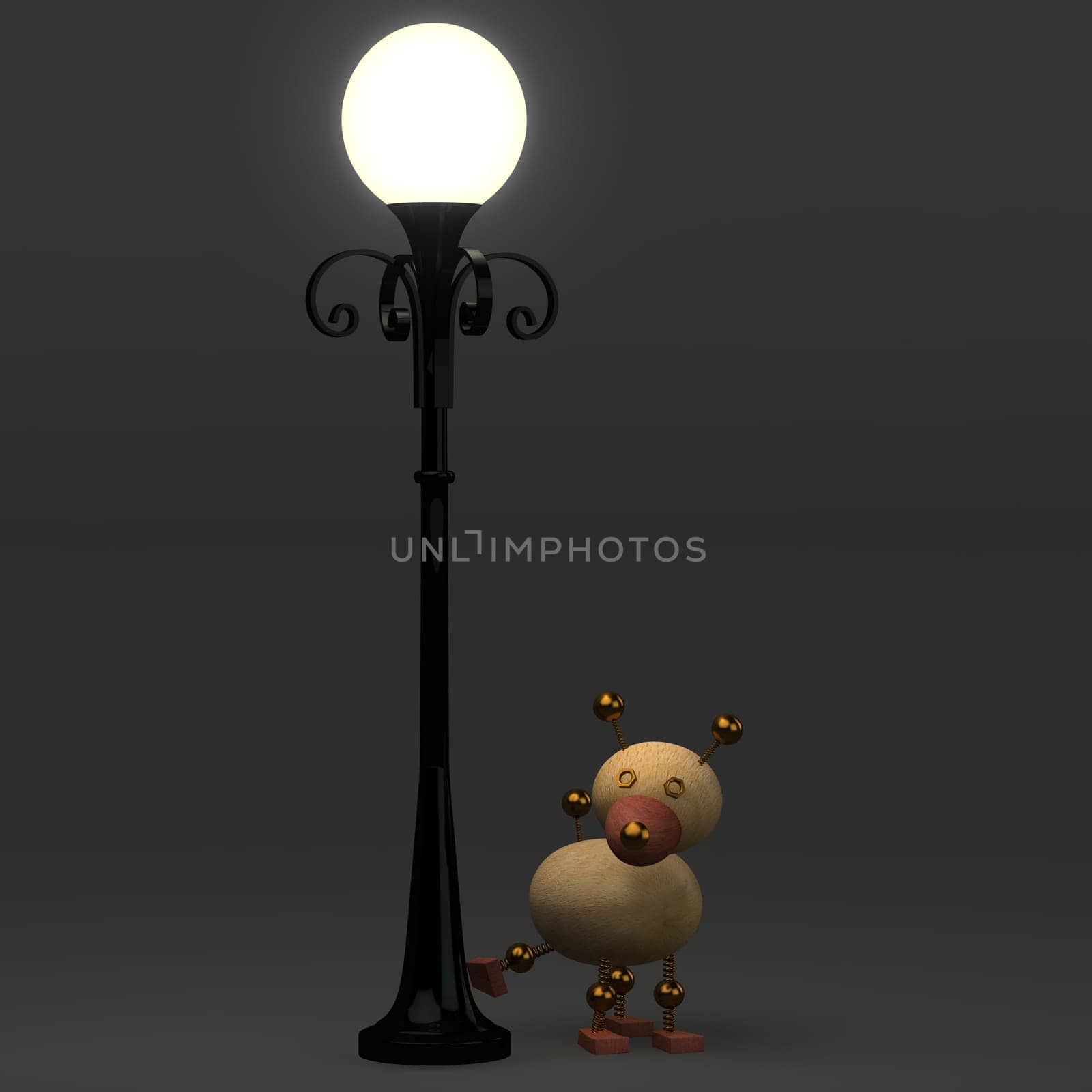 3d wood dog is pissing on the lamppost