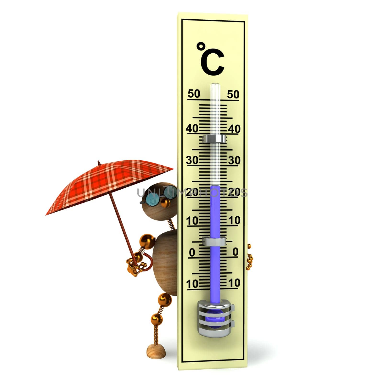 3d wood man is holding termometer with umbrella