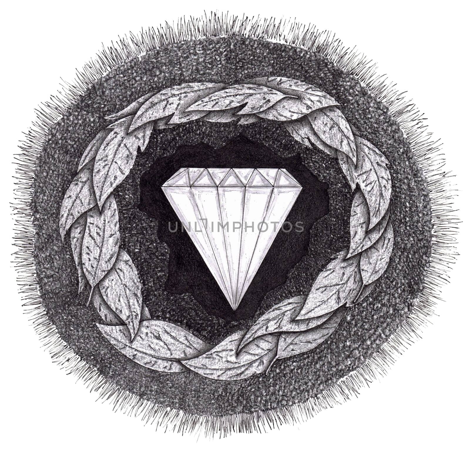 Diamond formed under pressure is shown with facets in the earth, surrounded by rock, leaves, dirt and grass.