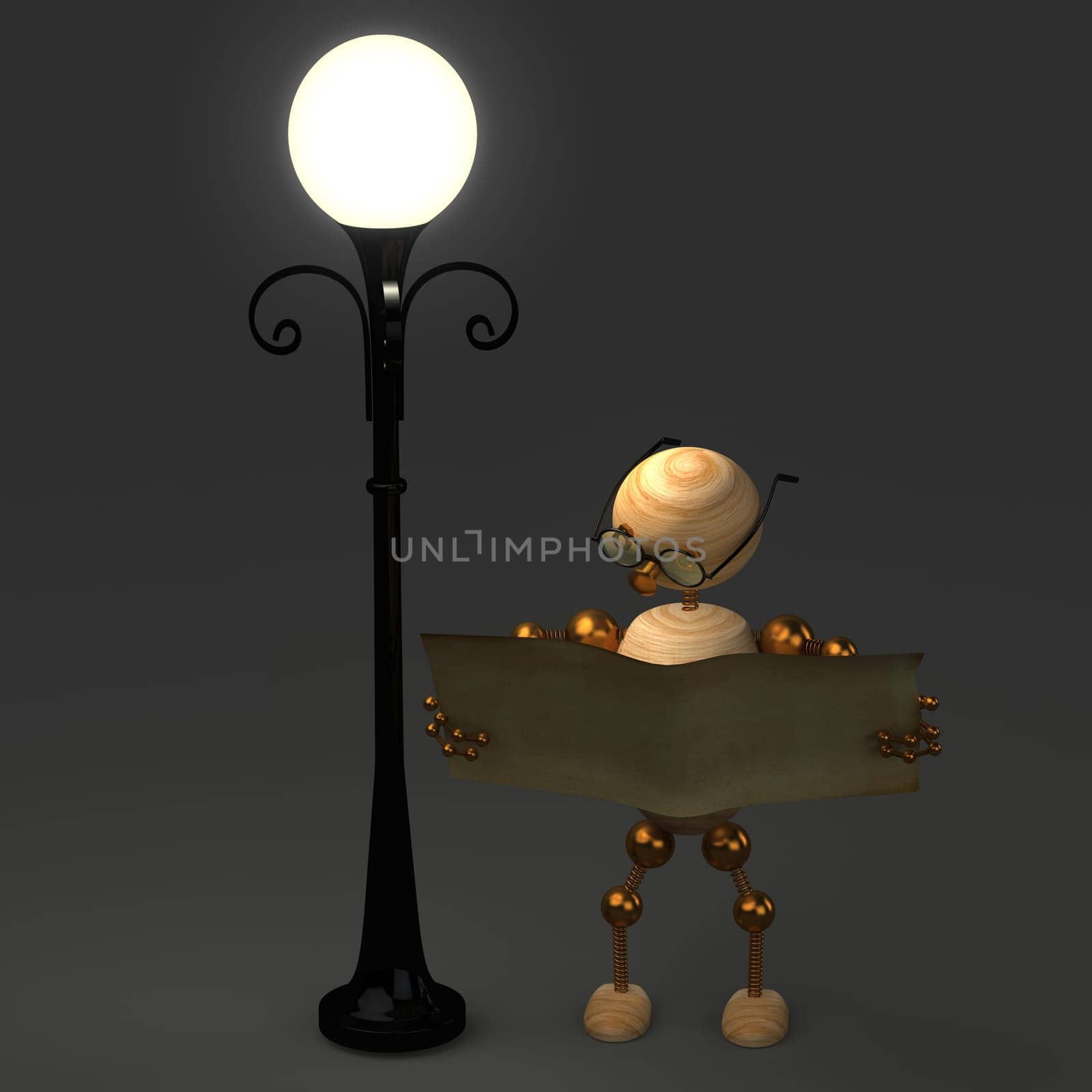 3d wood man standing near lamppost on grey