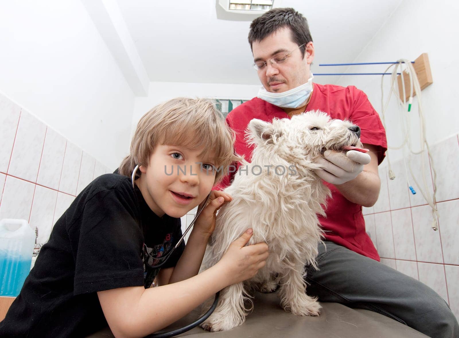 Little boy at vet with his dog