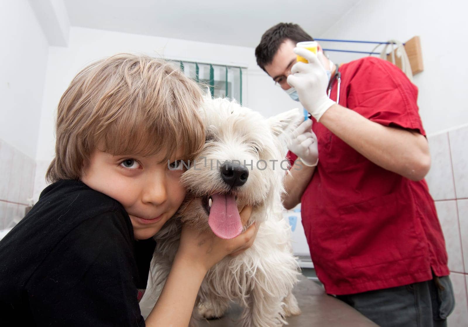 Little boy at vet with his dog