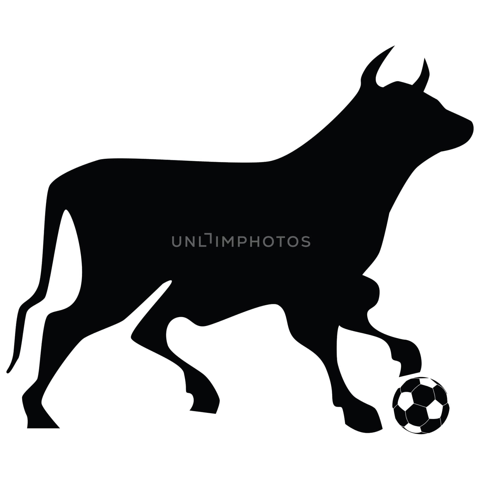 Illustration silhouette of a bull stepping on a soccer ball.
