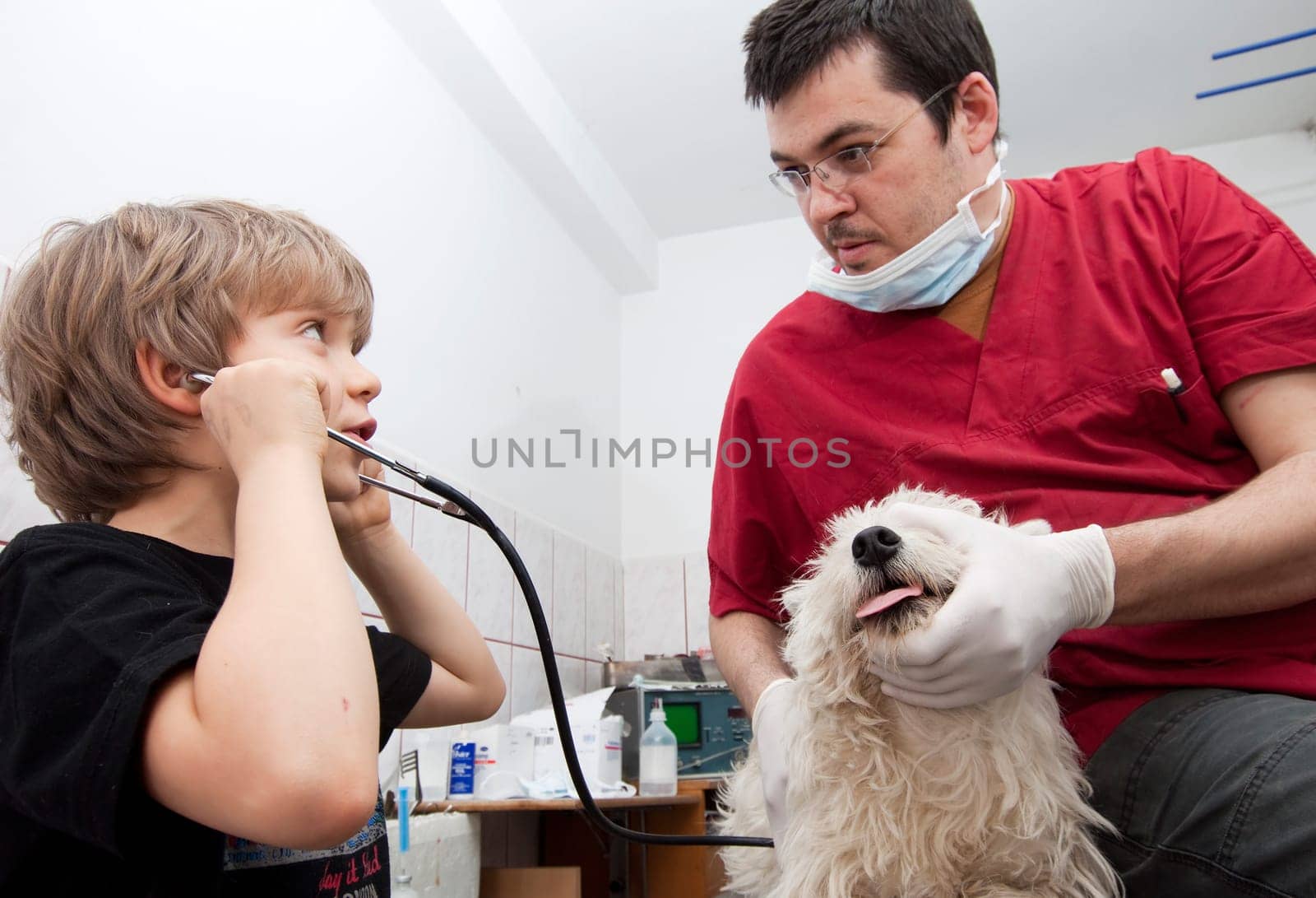 Little boy at vet with his dog