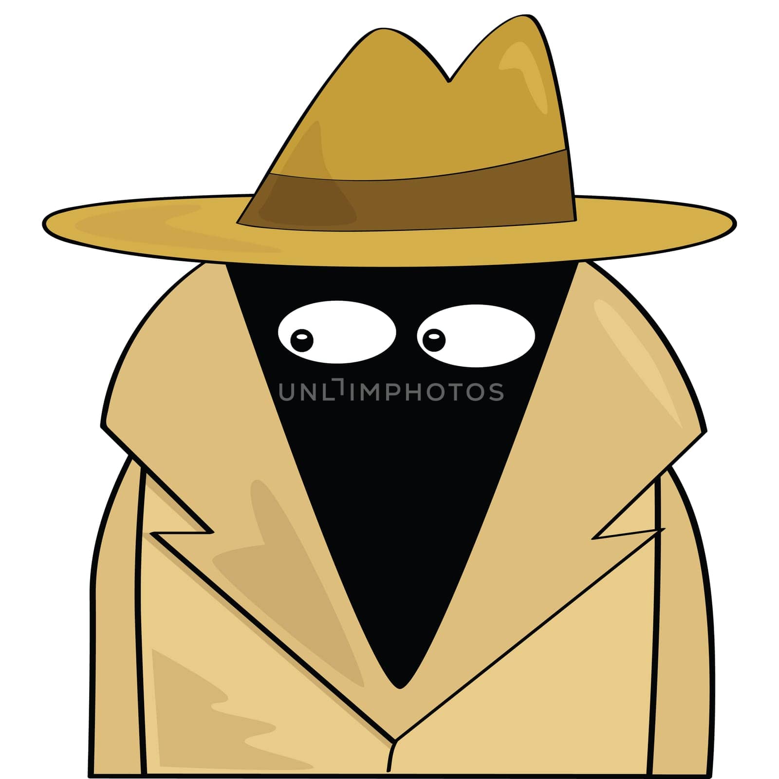 Cartoon illustration of a spy wearing a hat and trenchcoat