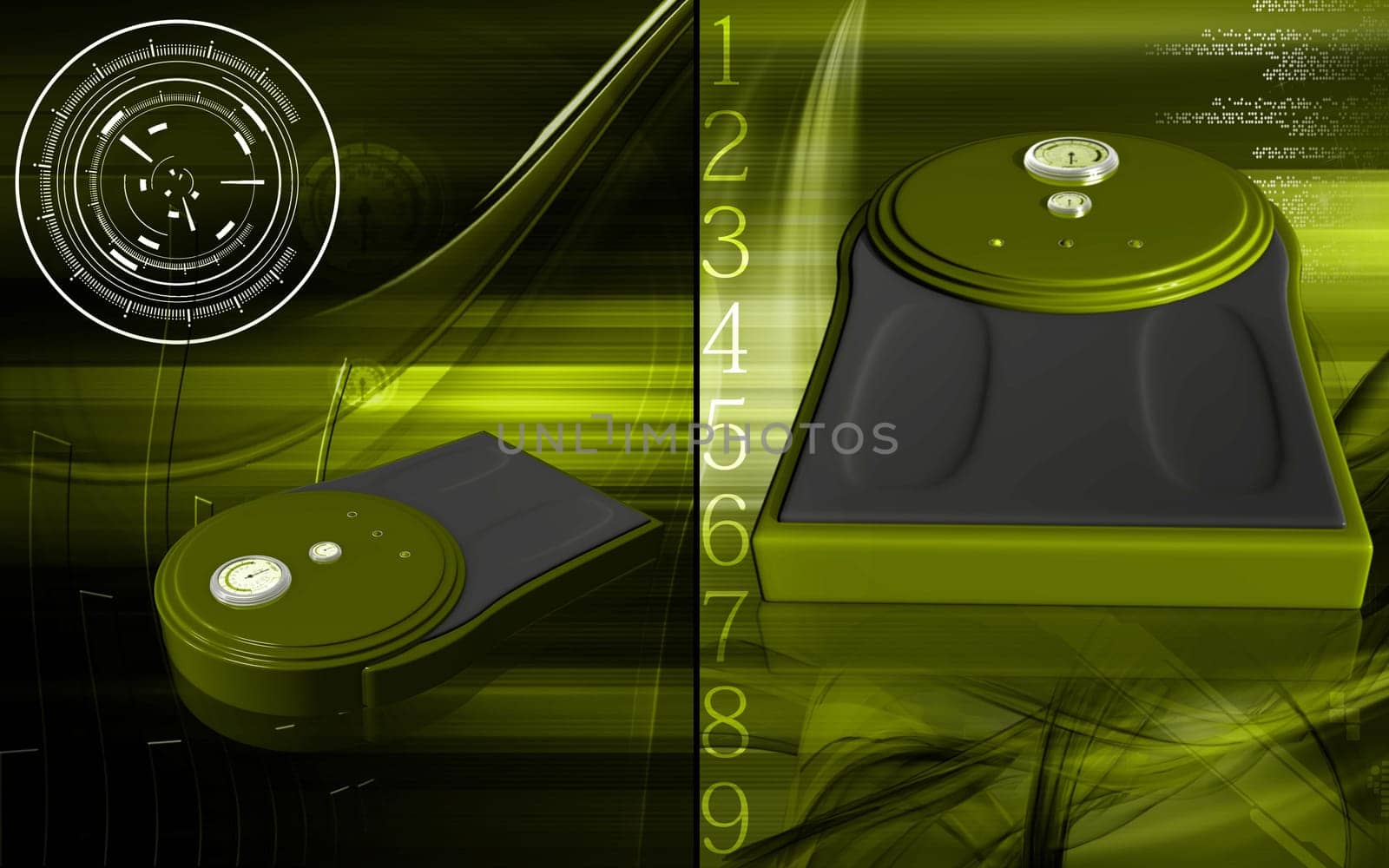 Digital illustration of weigh machine in colour background