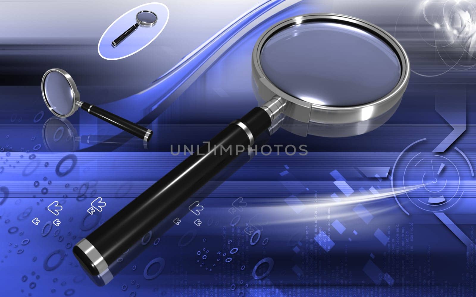 Digital illustration of a magnifying glass in colour background