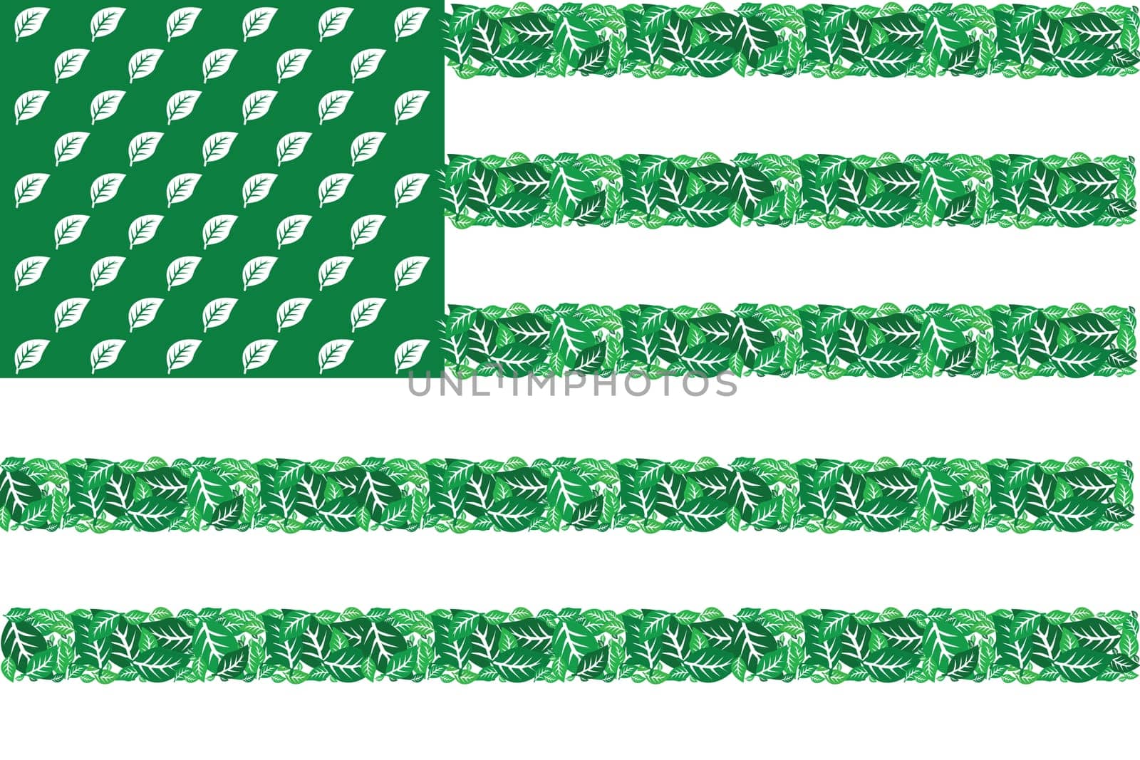 Illustration of the United States flag made up of tree leaves in different shades of green