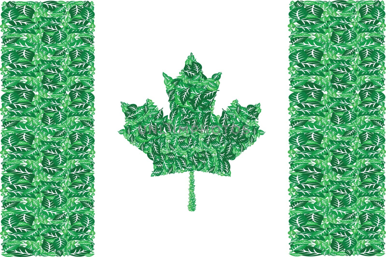 Illustration of the Canadian flag made up of tree leaves in different shades of green
