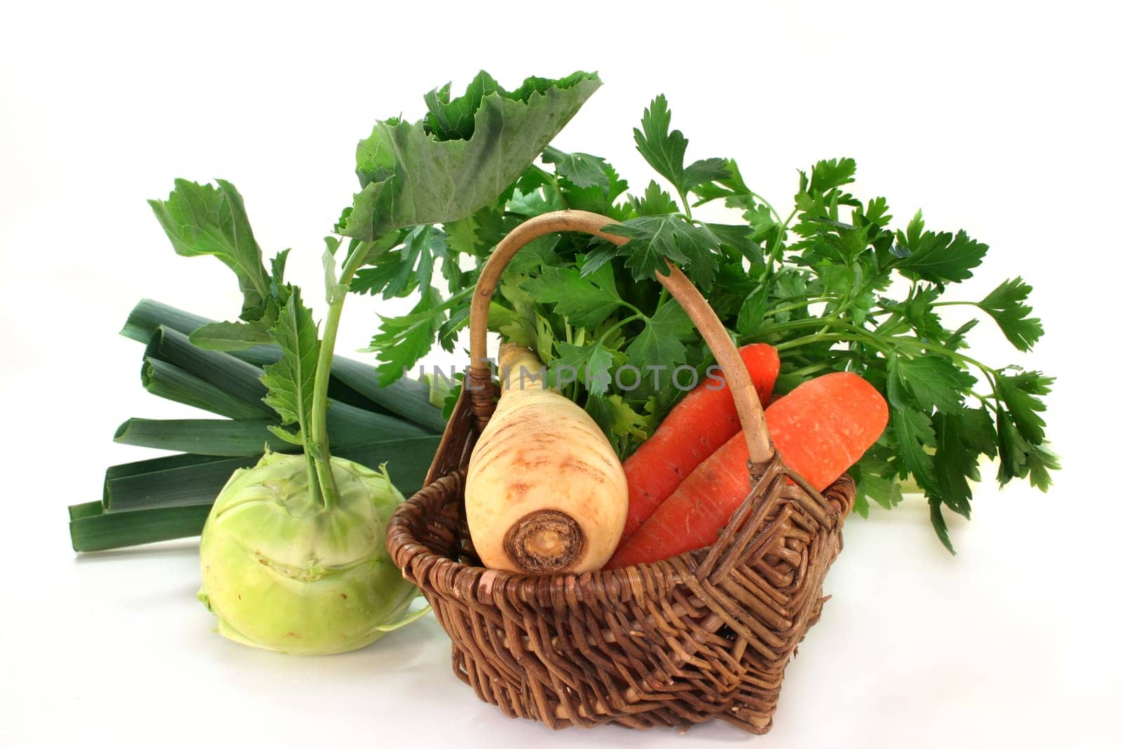 a basket with various soup vegetables