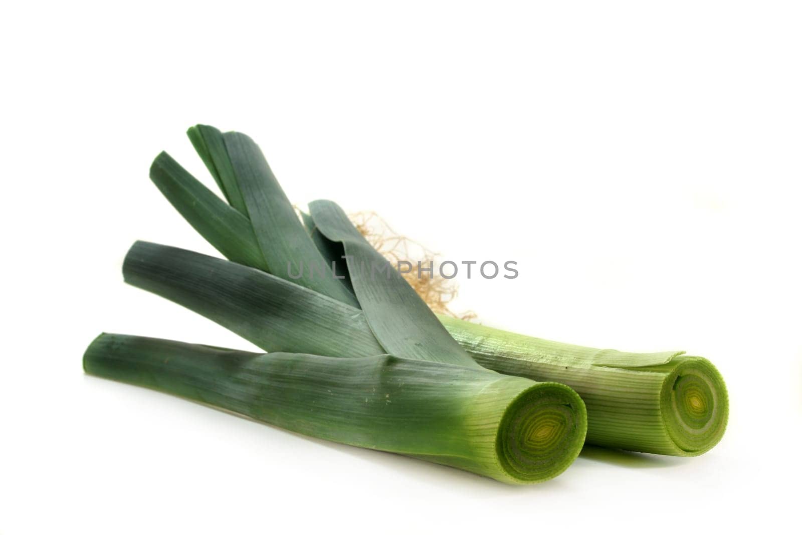 a cut leek stick against a white background