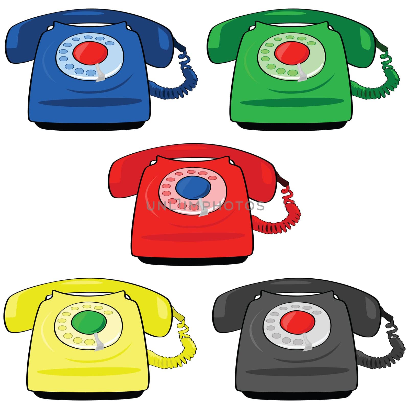 Illustration set of different colors of vintage telephones