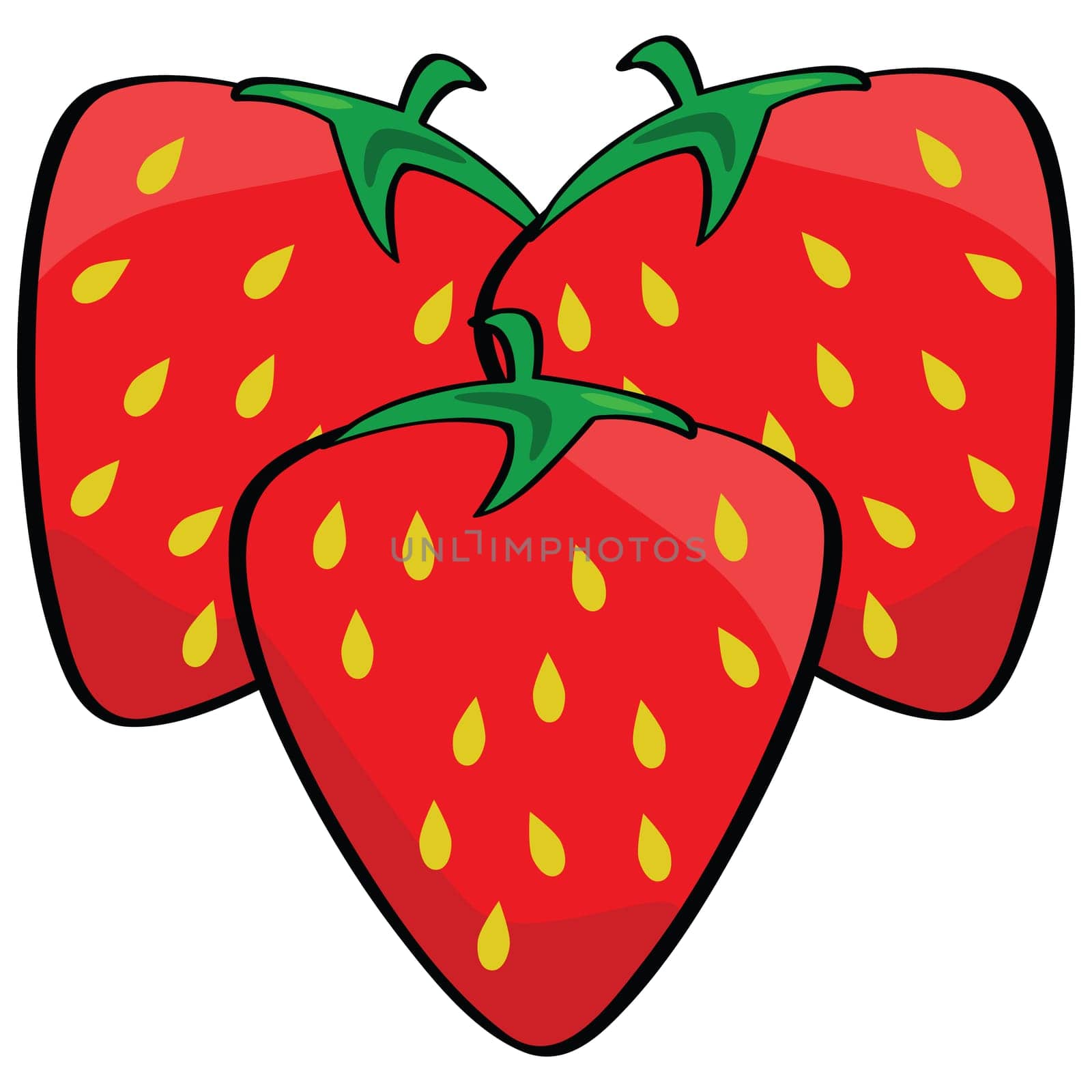 Cartoon illustration of three ripe and fresh strawberries