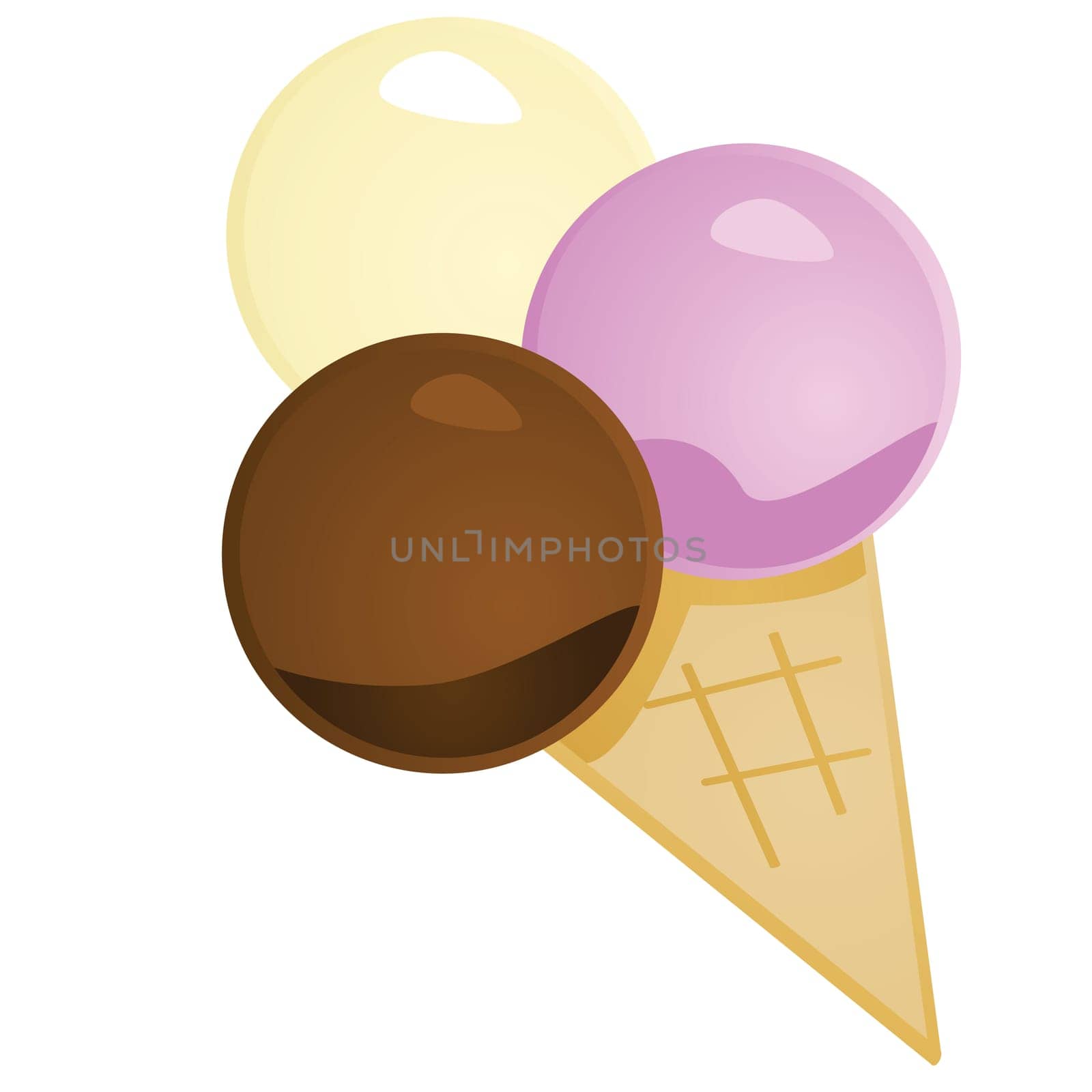 Glossy illustration of an ice cream cone with three scoops of ice cream
