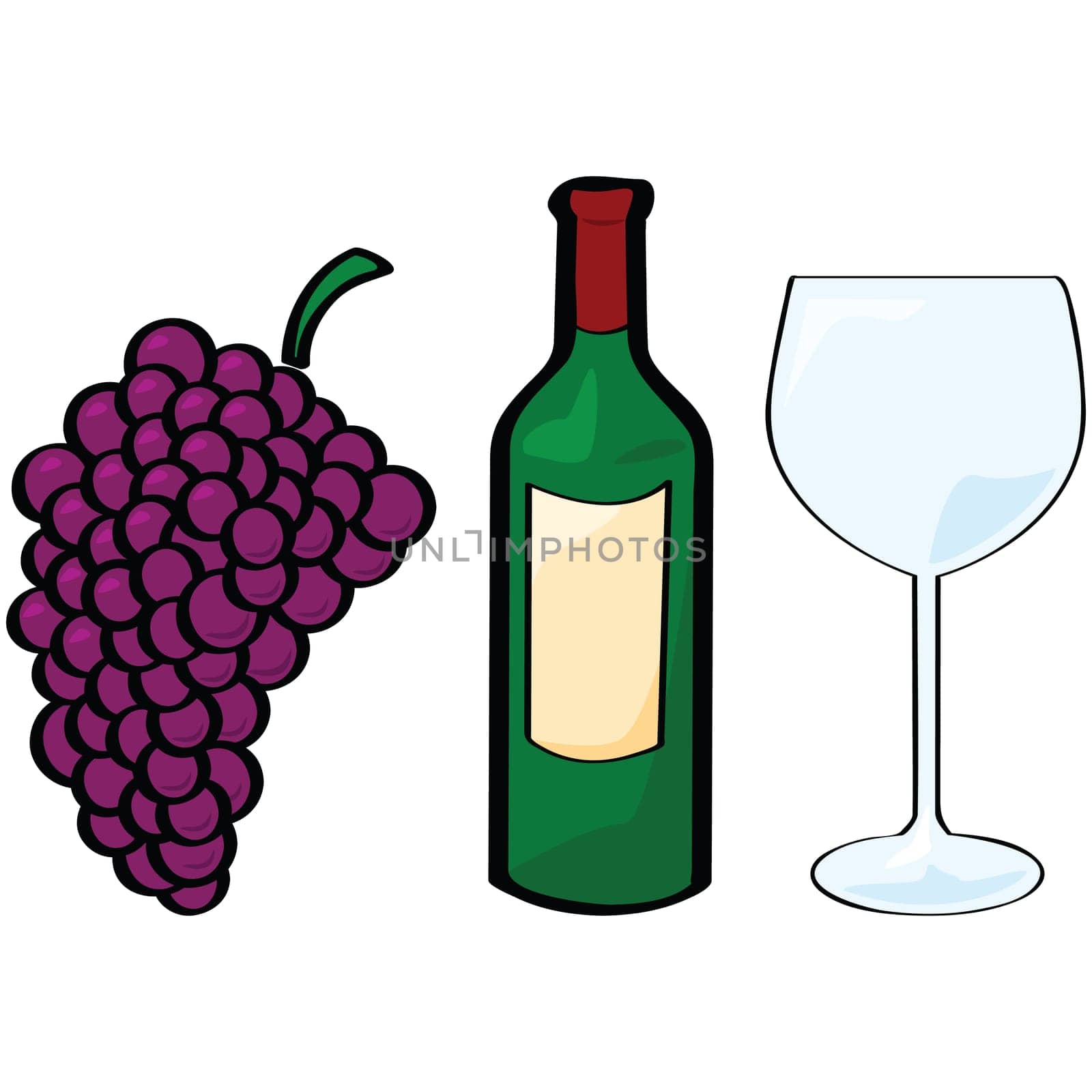 Cartoon illustration of different wine elements: grapes, bottle, glass