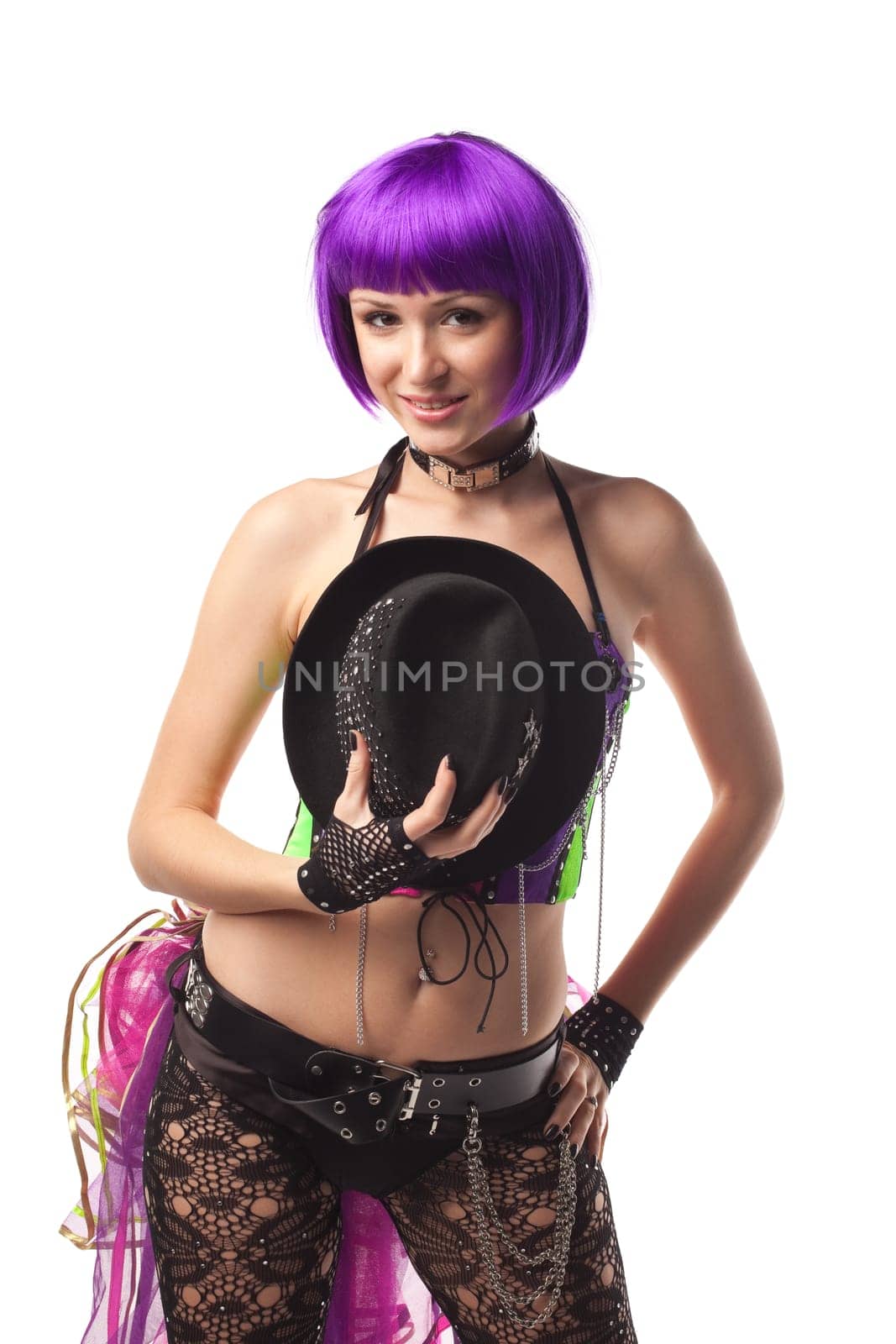 Beauty Girl dance in color corset with hat look at you
