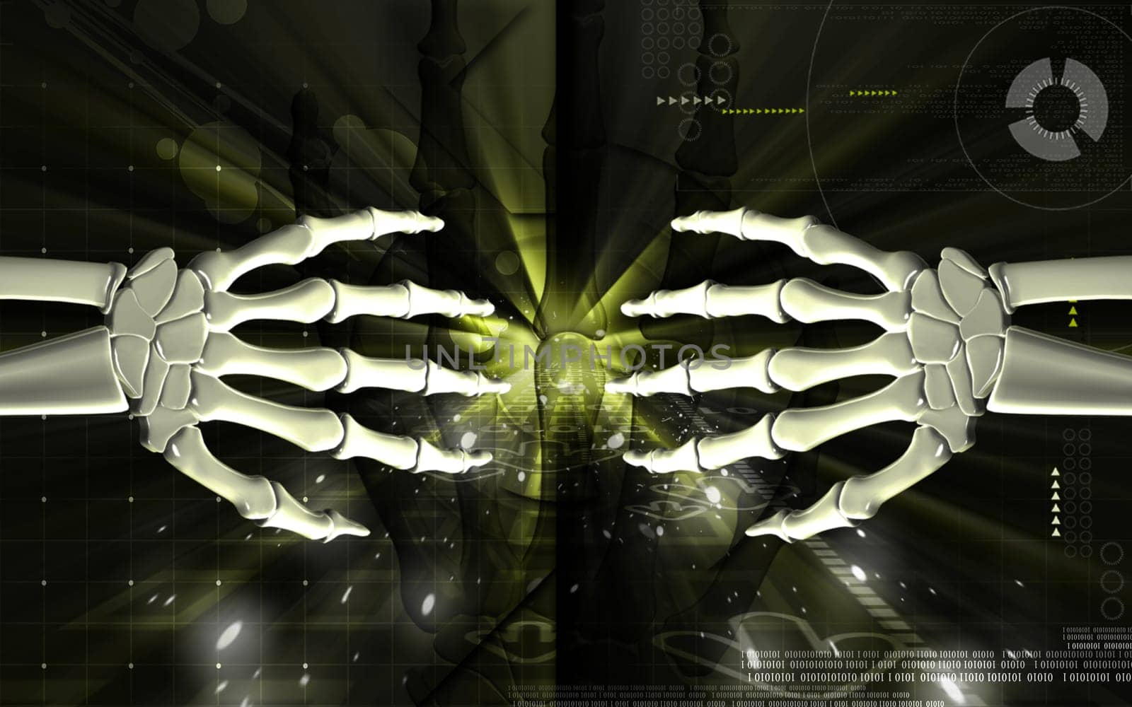Digital illustration of hand bone in colour background
