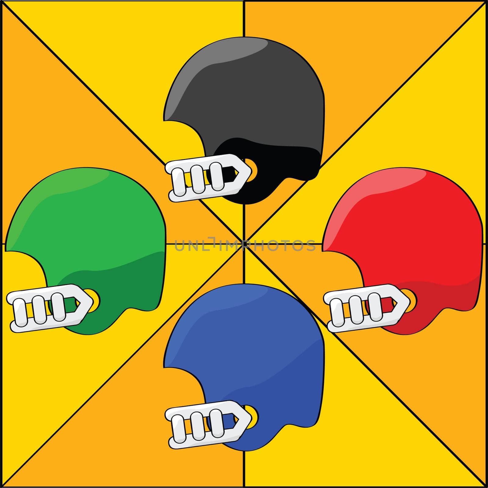 Cartoon illustration of four football helmets