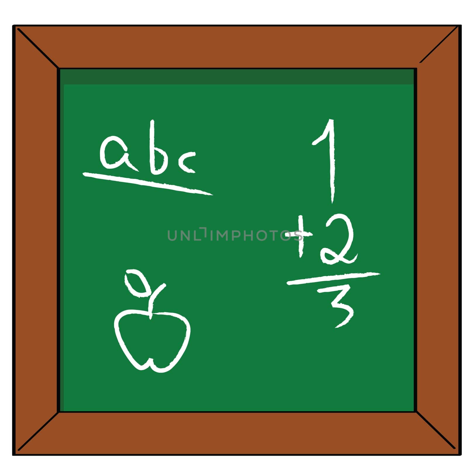 Cartoon illustration of a school blackboard with some basic reading, math and drawing exercises