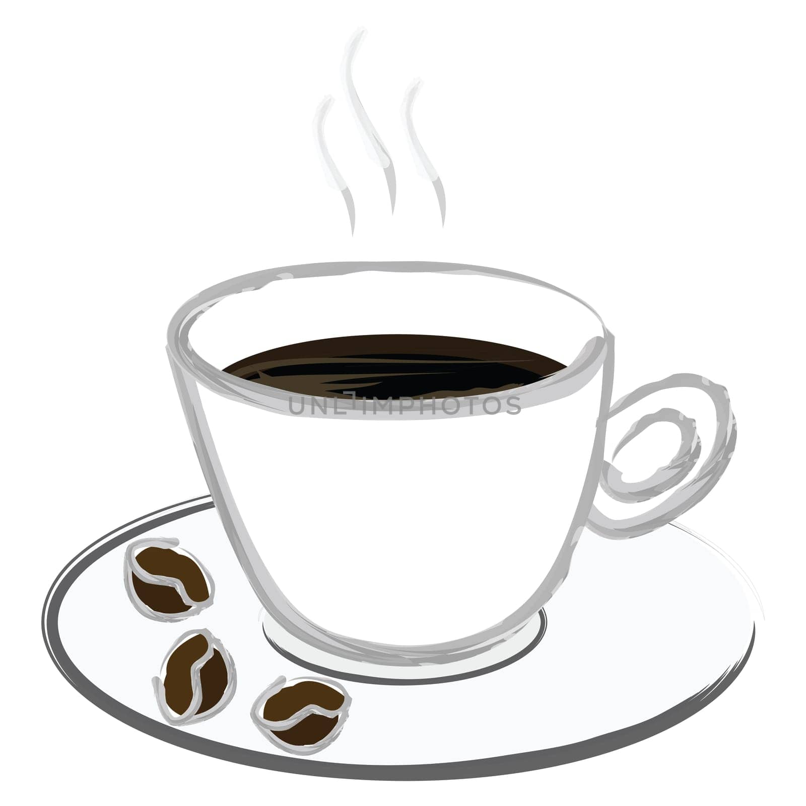 Stylized illustration showing an elegant cup of coffee with some coffee beans