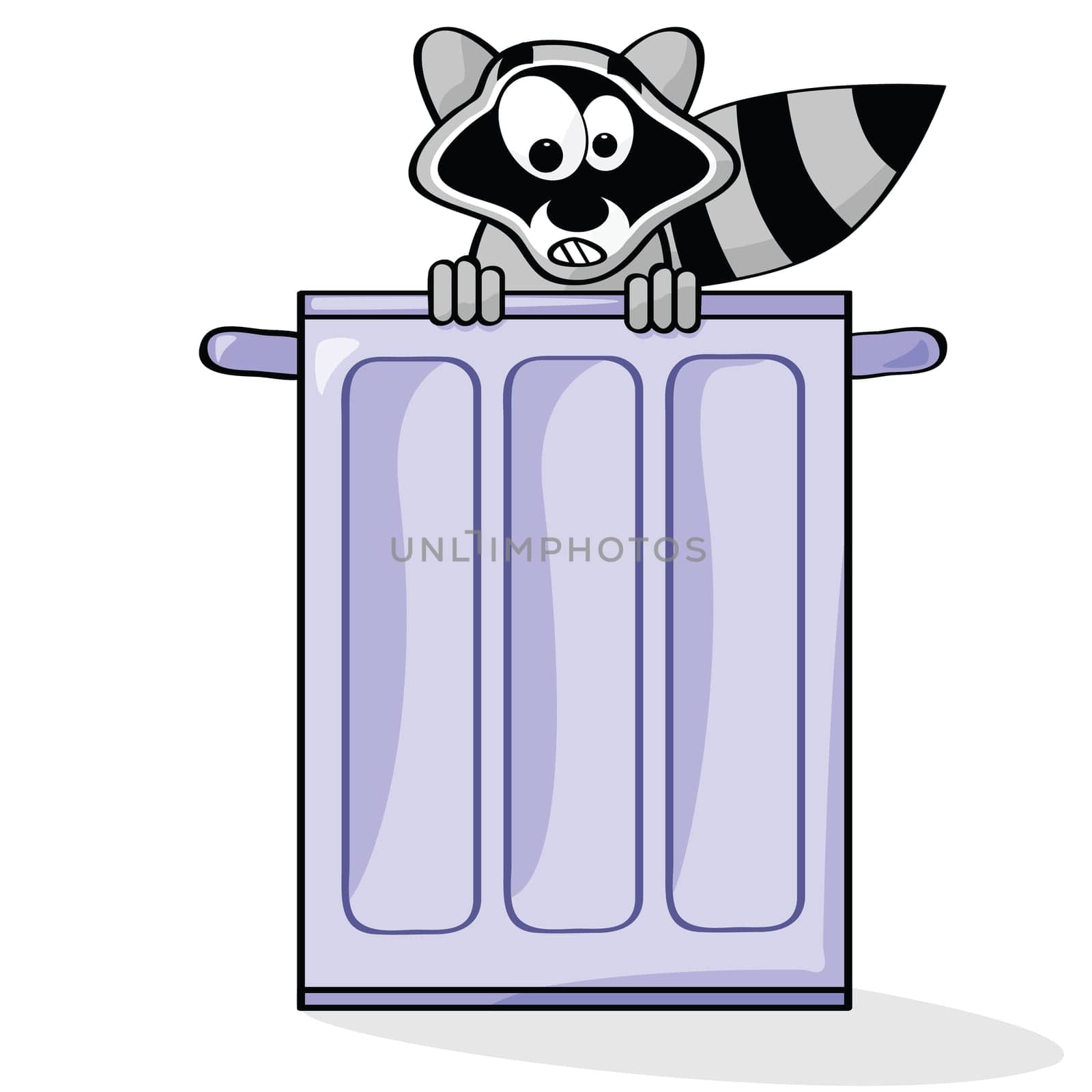 Cartoon illustration of a raccoon surprised to be seen inside a garbage can