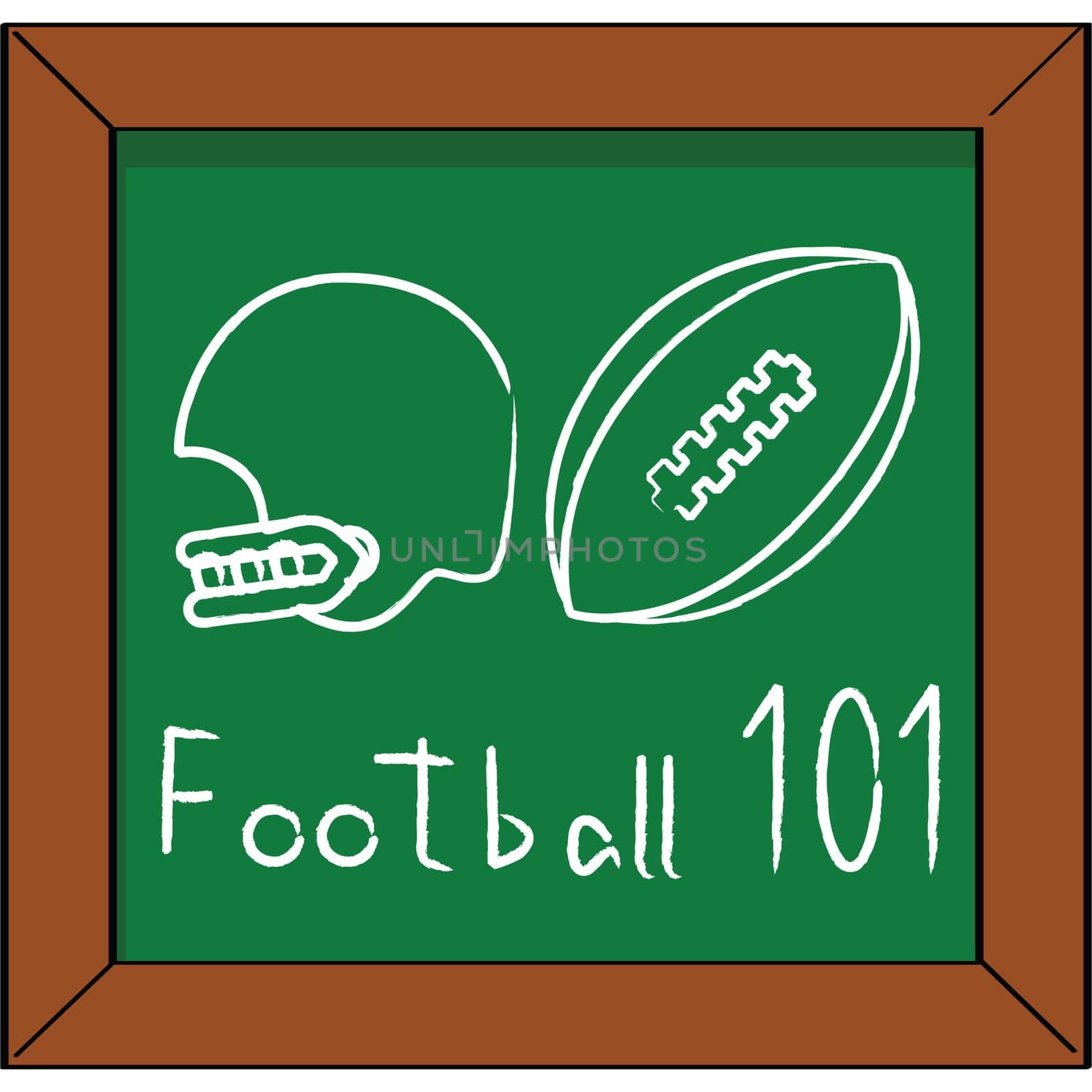 Cartoon illustration of a blackboard with a helmet and football chalk drawing