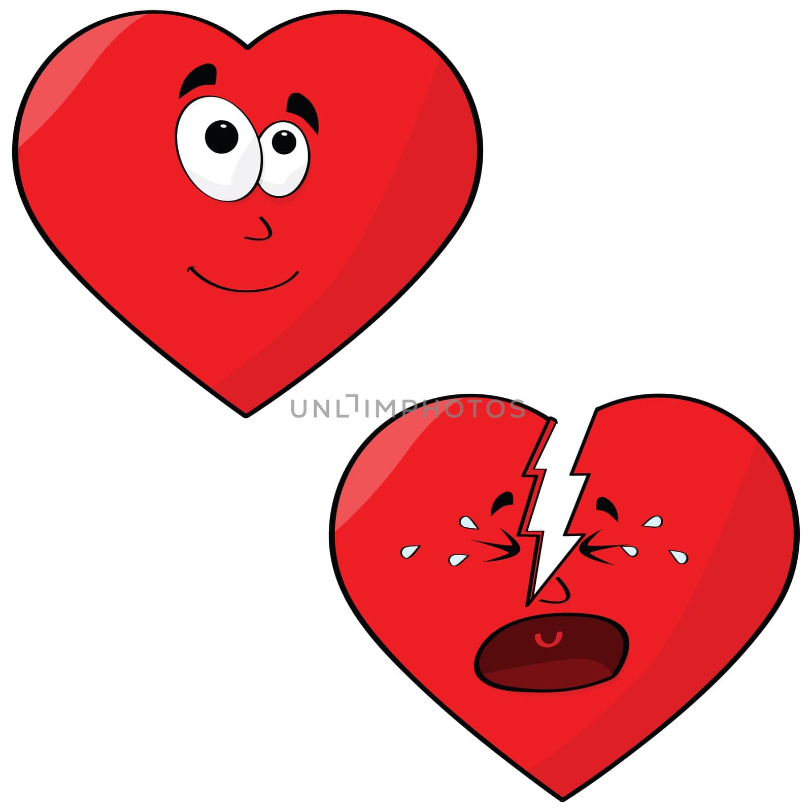 Cartoon illustration of a heart in love and another broken heart crying