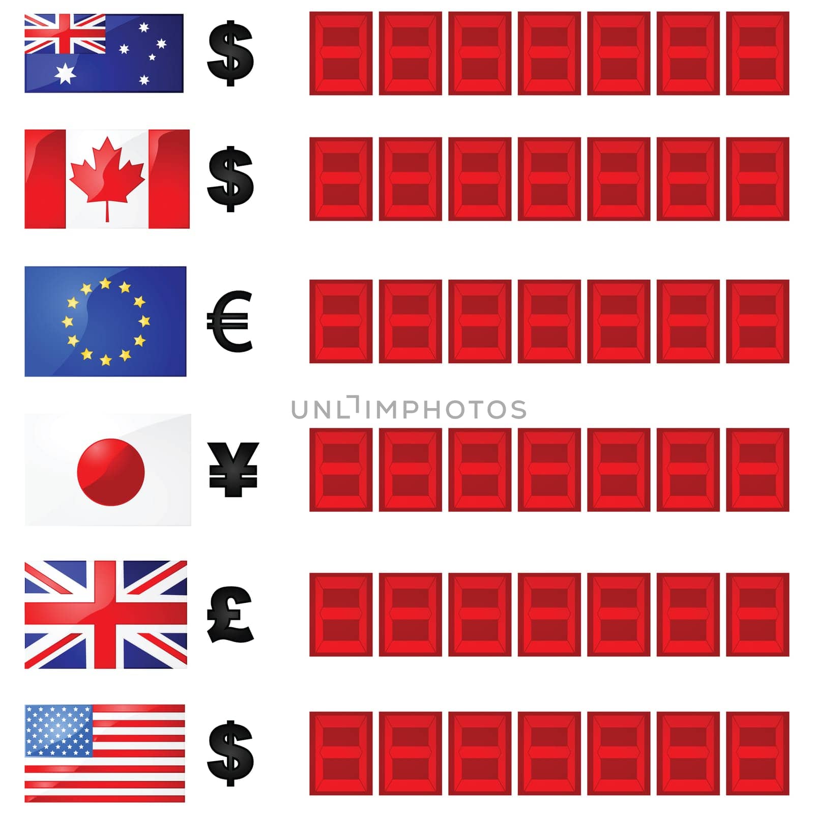 Illustration of a currency rate board, with six flags and currency symbols beside electronic number displays