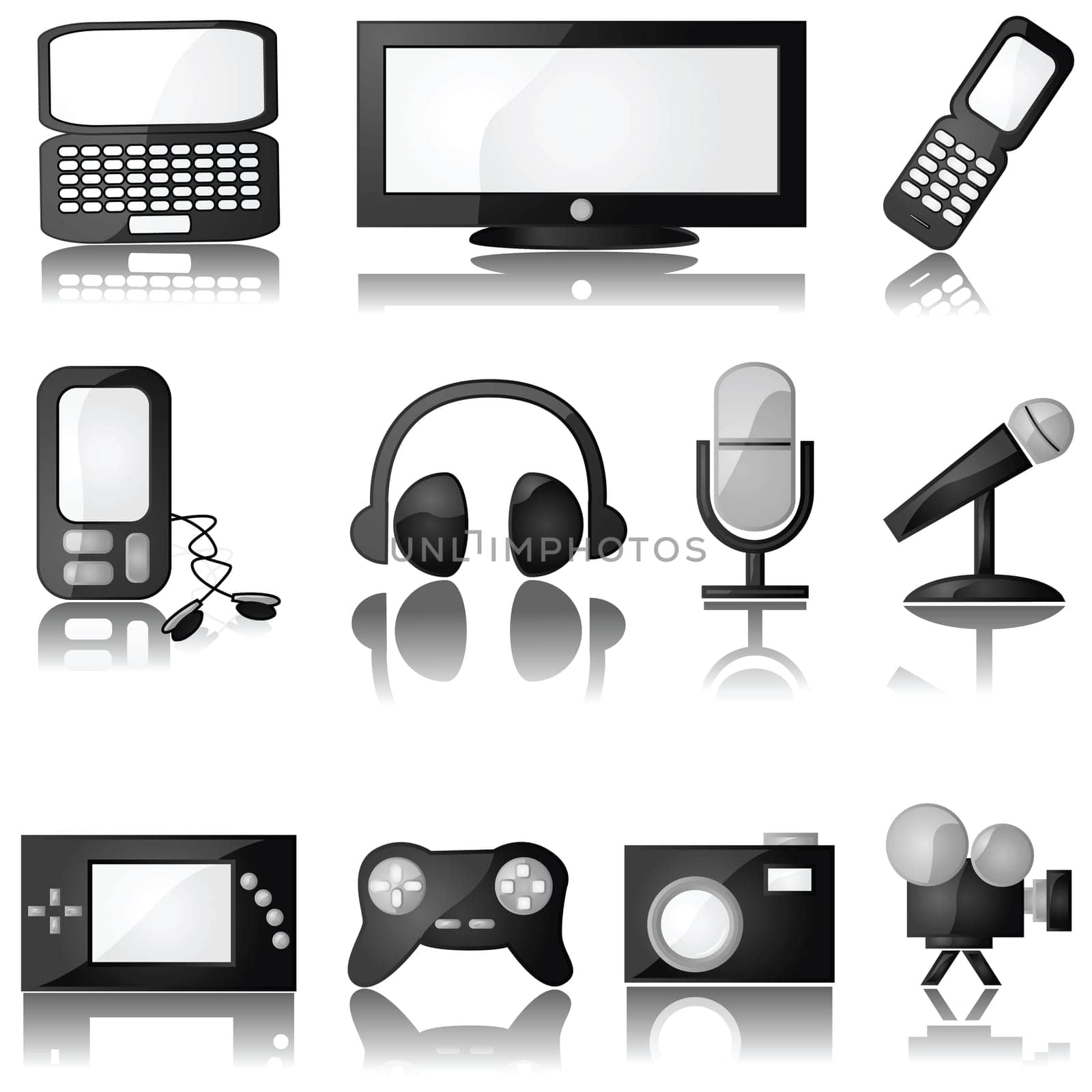 Set of glossy multimedia icons with reflection