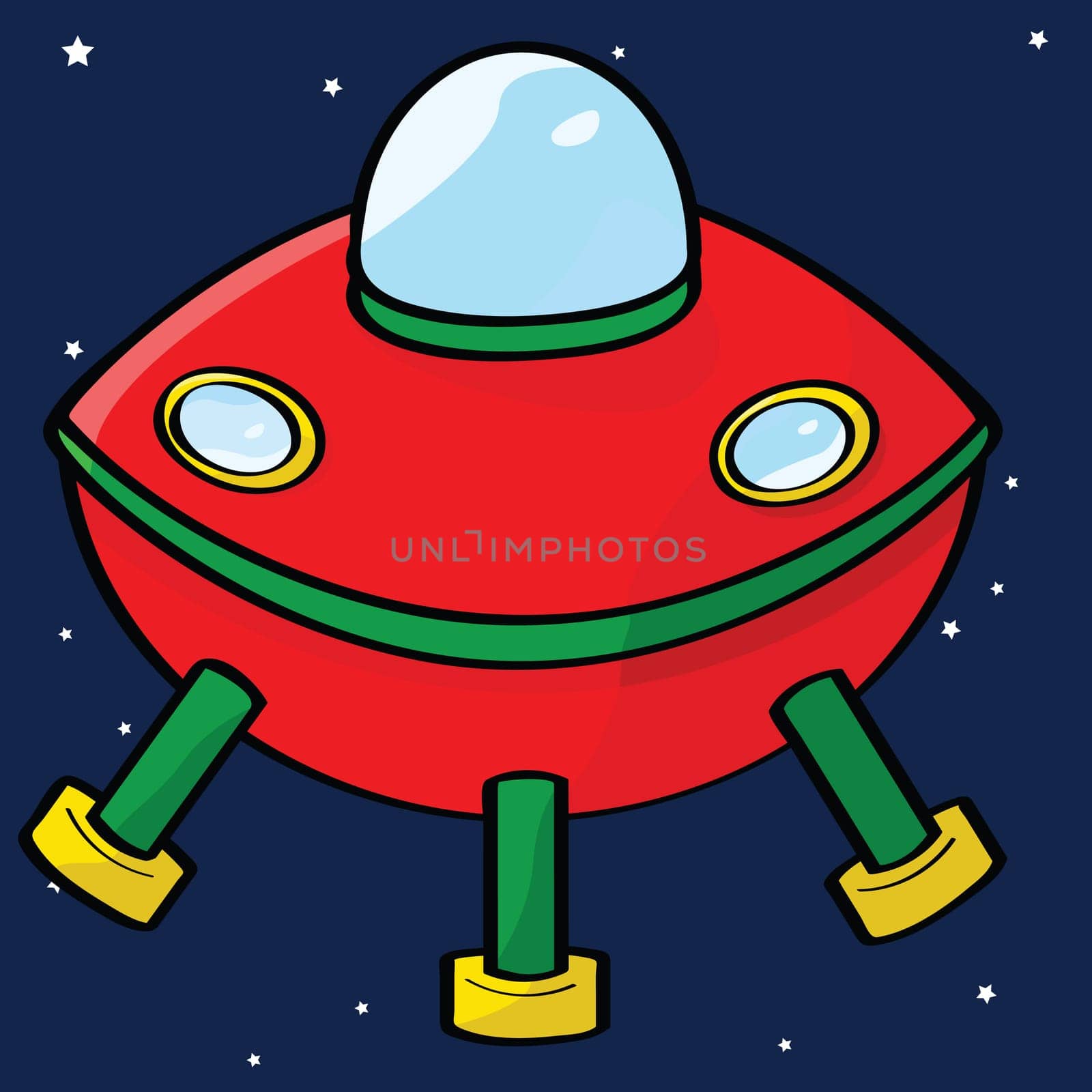 Cartoon illustration of a red flying saucer in outer space