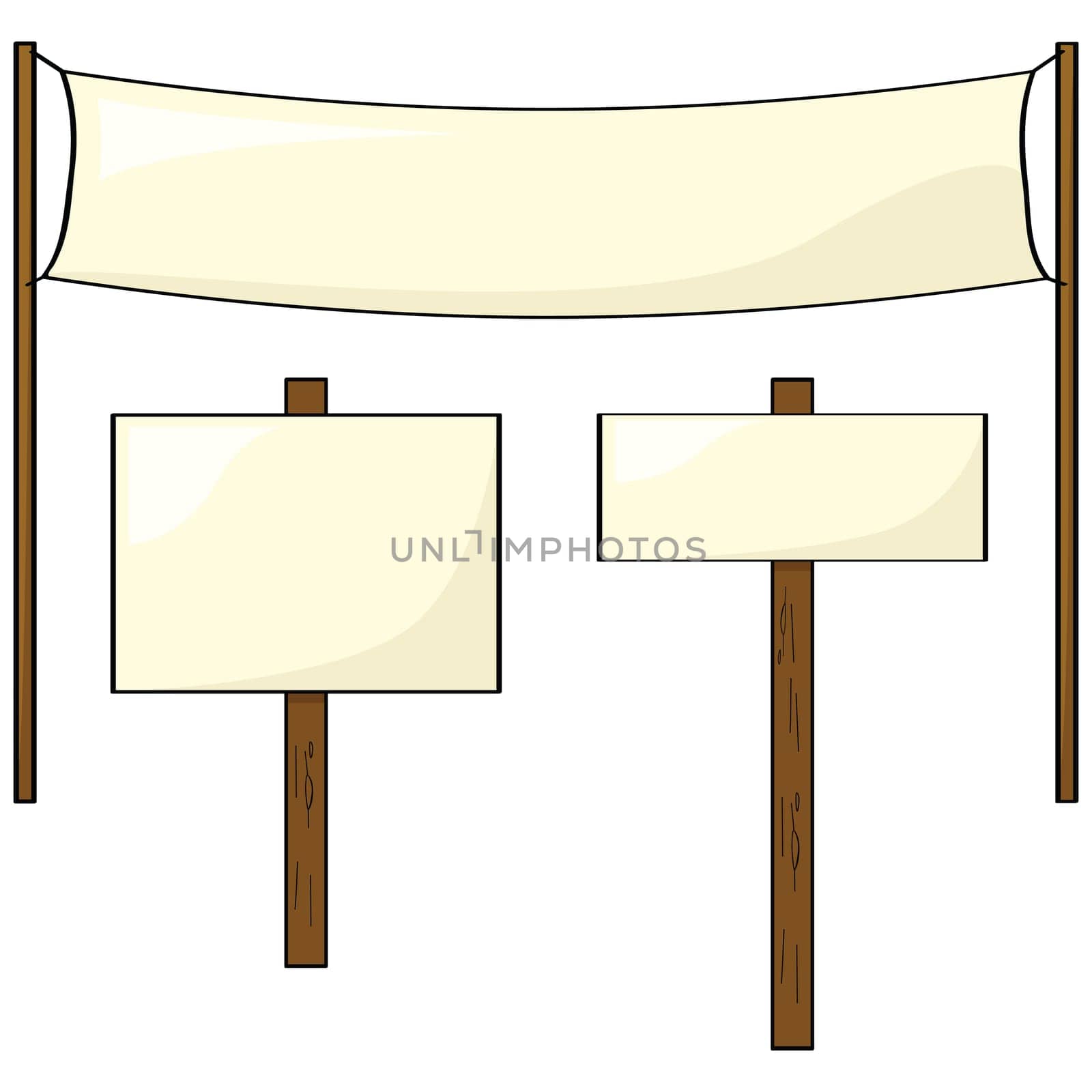 Collection of three different shaped blank signs and posts