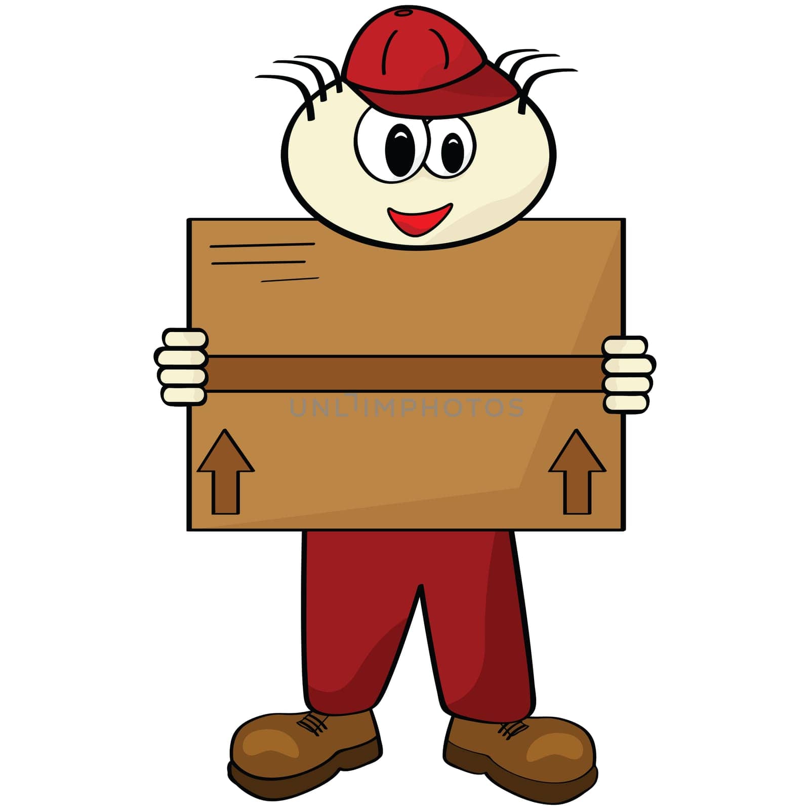 Cartoon illustration of a delivery man carrying a box