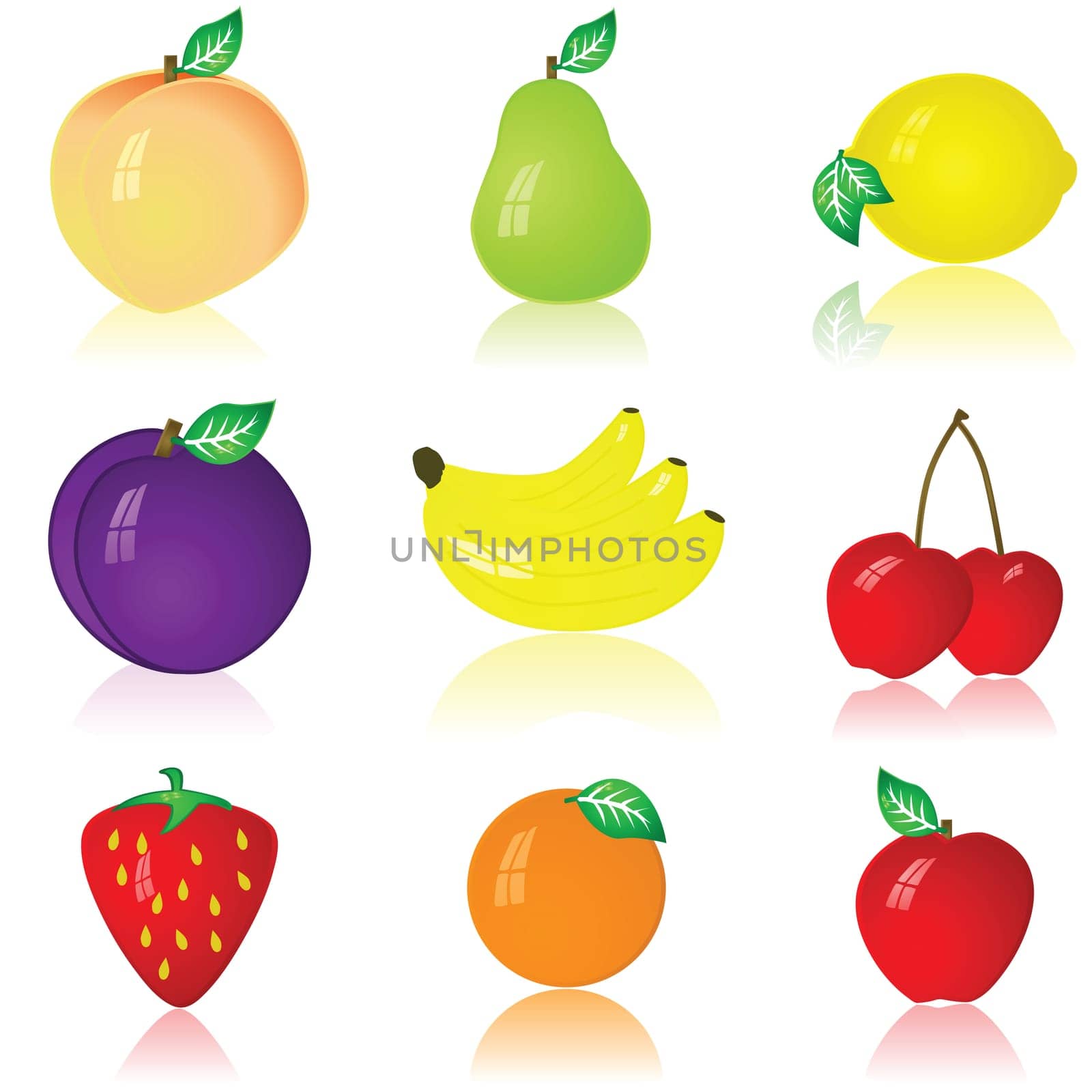 Glossy illustration of nine different fruits: peach, pear, lemon, plum, banana, cherry, strawberry, orange and apple
