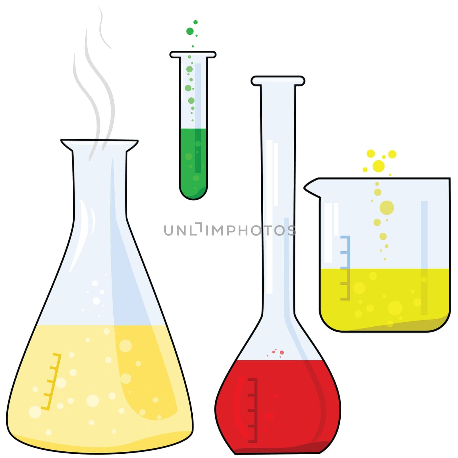 Cartoon illustration of different pieces of equipment from a chemistry lab